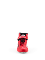 Scarpe Alpinestars Tech-1 KX V3 - FIA, scarpe da karting, rosso e nero, vista frontale con allacciatura rapida asimmetrica, cinturino alla caviglia in velcro con marchio bianco e costruzione termo-saldata elegante