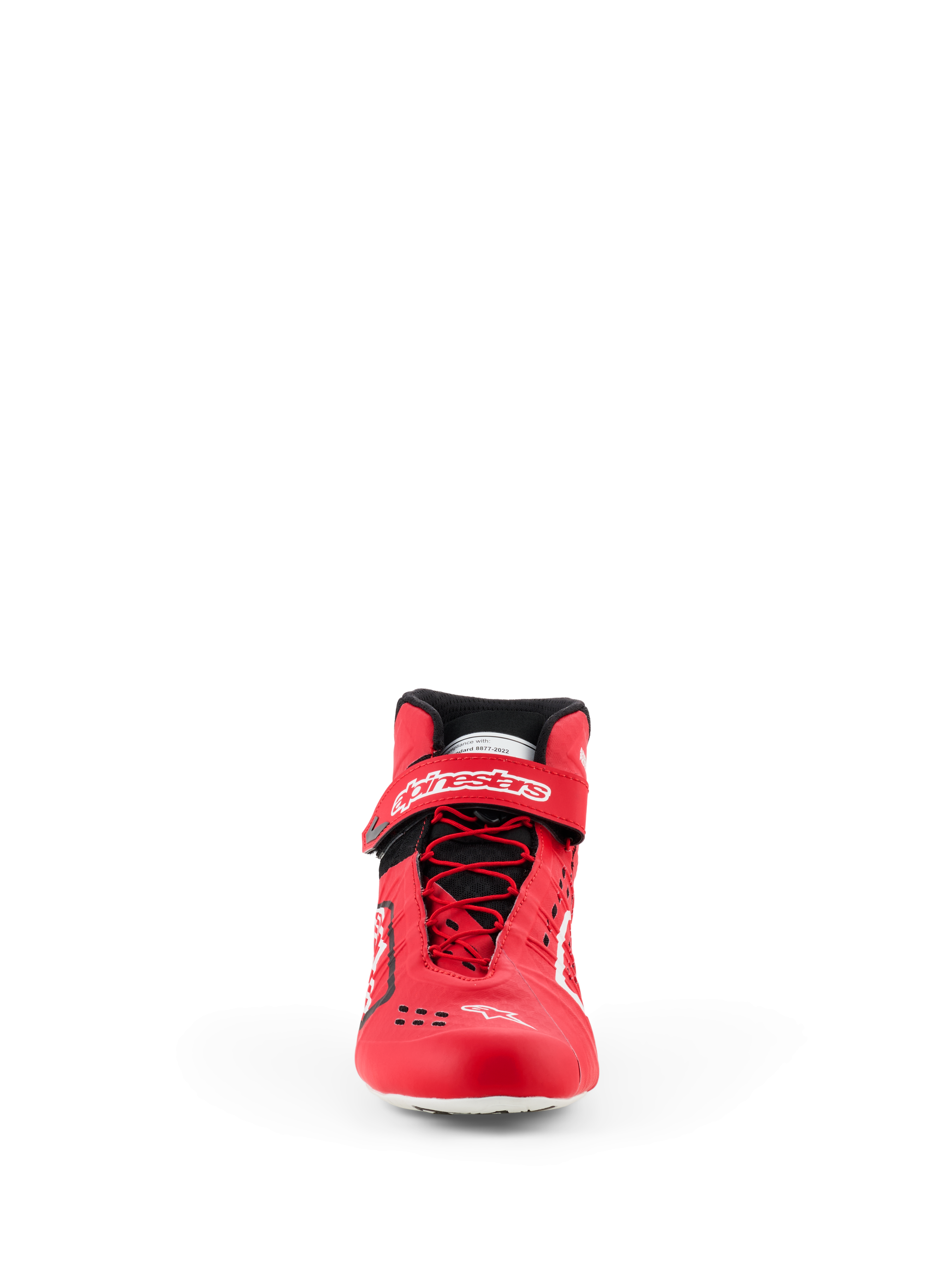 Scarpe Alpinestars Tech-1 KX V3 - FIA, scarpe da karting, rosso e nero, vista frontale con allacciatura rapida asimmetrica, cinturino alla caviglia in velcro con marchio bianco e costruzione termo-saldata elegante