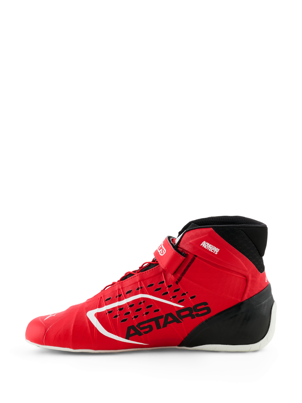 Scarpe Alpinestars Tech-1 KX V3, scarpe da kart FIA, rosso e nero, vista laterale di profilo, con costruzione termosaldata senza cuciture, perforazioni tagliate al laser, branding ASTARS nero e design racing leggero.