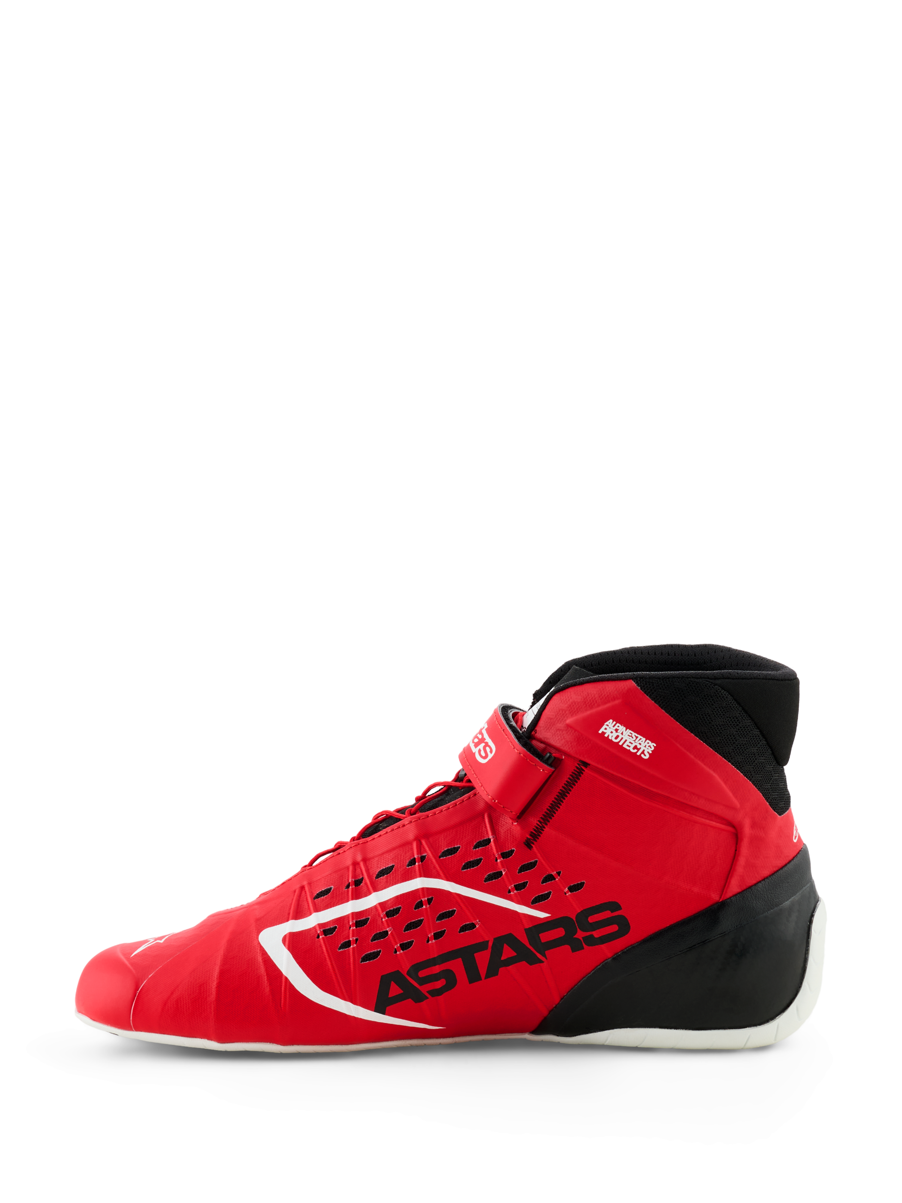 Scarpe Alpinestars Tech-1 KX V3, scarpe da kart FIA, rosso e nero, vista laterale di profilo, con costruzione termosaldata senza cuciture, perforazioni tagliate al laser, branding ASTARS nero e design racing leggero.