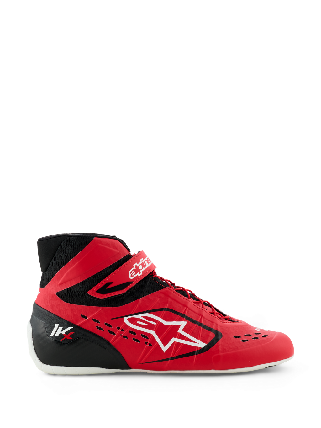 Scarpe da karting Alpinestars Tech-1 KX V3, rosso e nero, vista laterale con grande logo Alpinestars bianco, sistema di allacciatura asimmetrico, cinturino in velcro sulla caviglia e design leggero senza cuciture per prestazioni motorsport