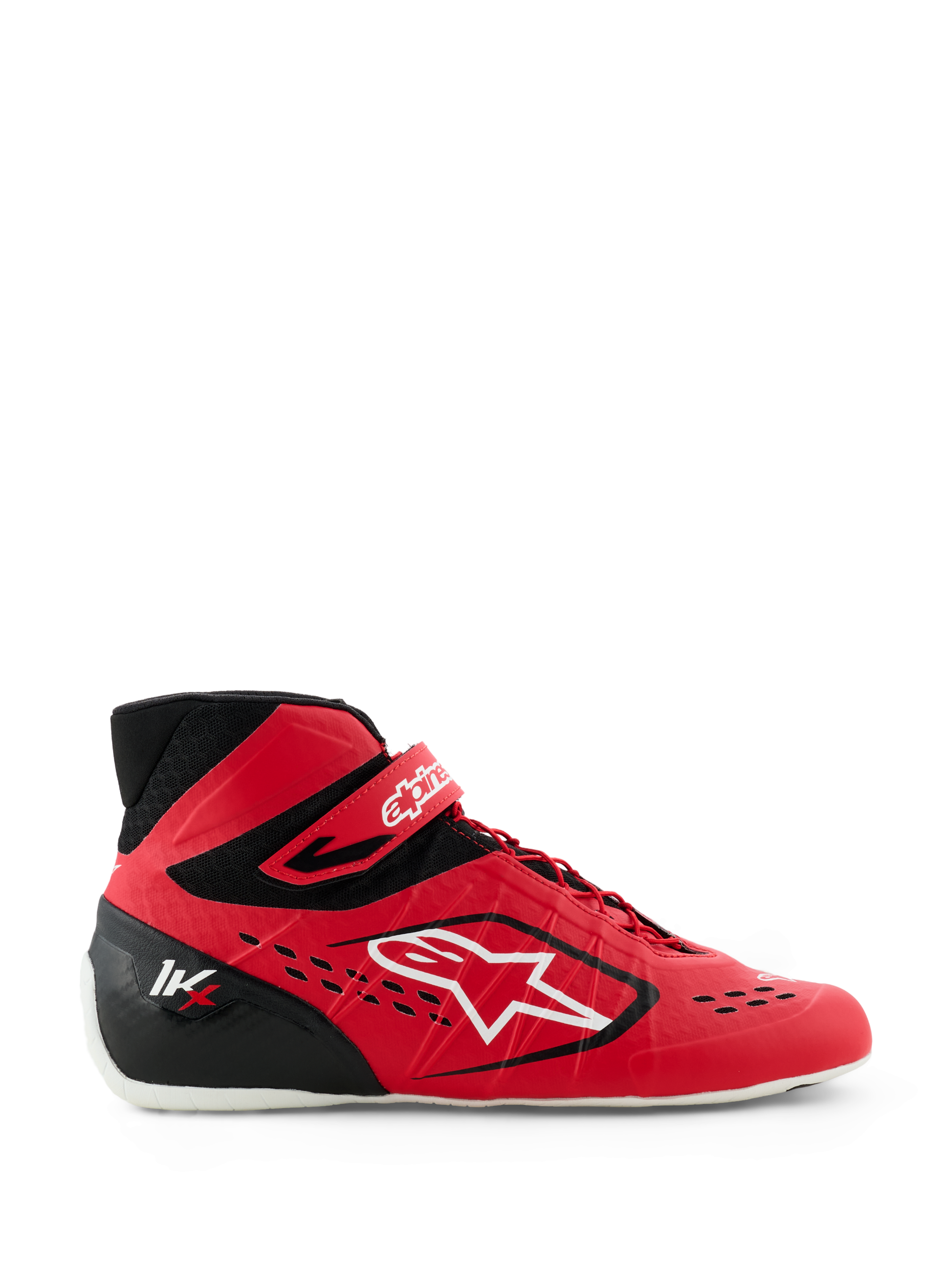 Scarpe da karting Alpinestars Tech-1 KX V3, rosso e nero, vista laterale con grande logo Alpinestars bianco, sistema di allacciatura asimmetrico, cinturino in velcro sulla caviglia e design leggero senza cuciture per prestazioni motorsport