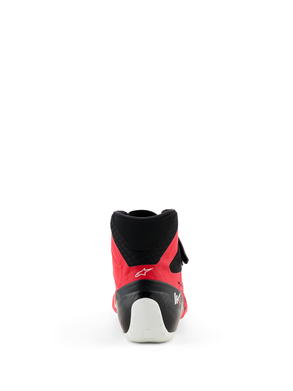 Scarpe Alpinestars Tech-1 KX V3 - FIA, scarpe da karting, rosso e nero, vista posteriore che evidenzia il rinforzo bianco sul tallone, il colletto in mesh nero e il profilo aerodinamico per il racing professionistico
