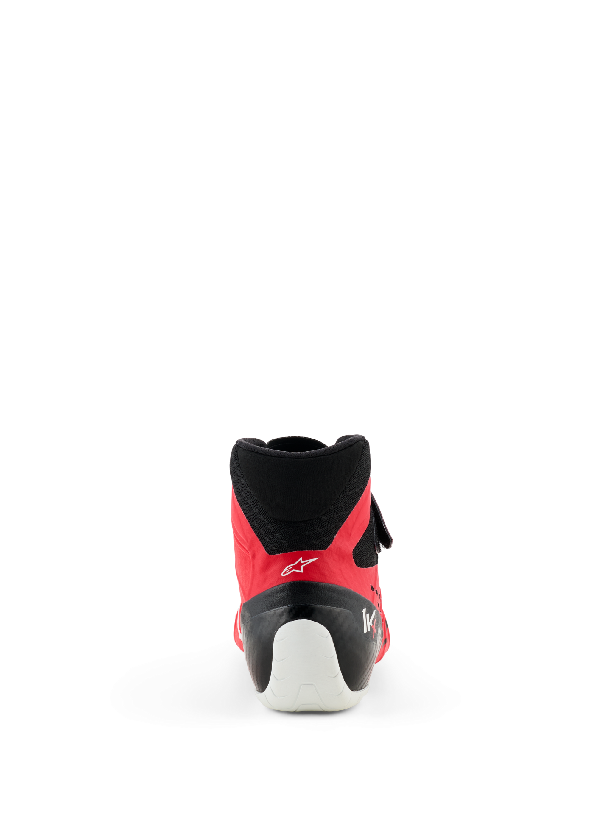 Scarpe Alpinestars Tech-1 KX V3 - FIA, scarpe da karting, rosso e nero, vista posteriore che evidenzia il rinforzo bianco sul tallone, il colletto in mesh nero e il profilo aerodinamico per il racing professionistico