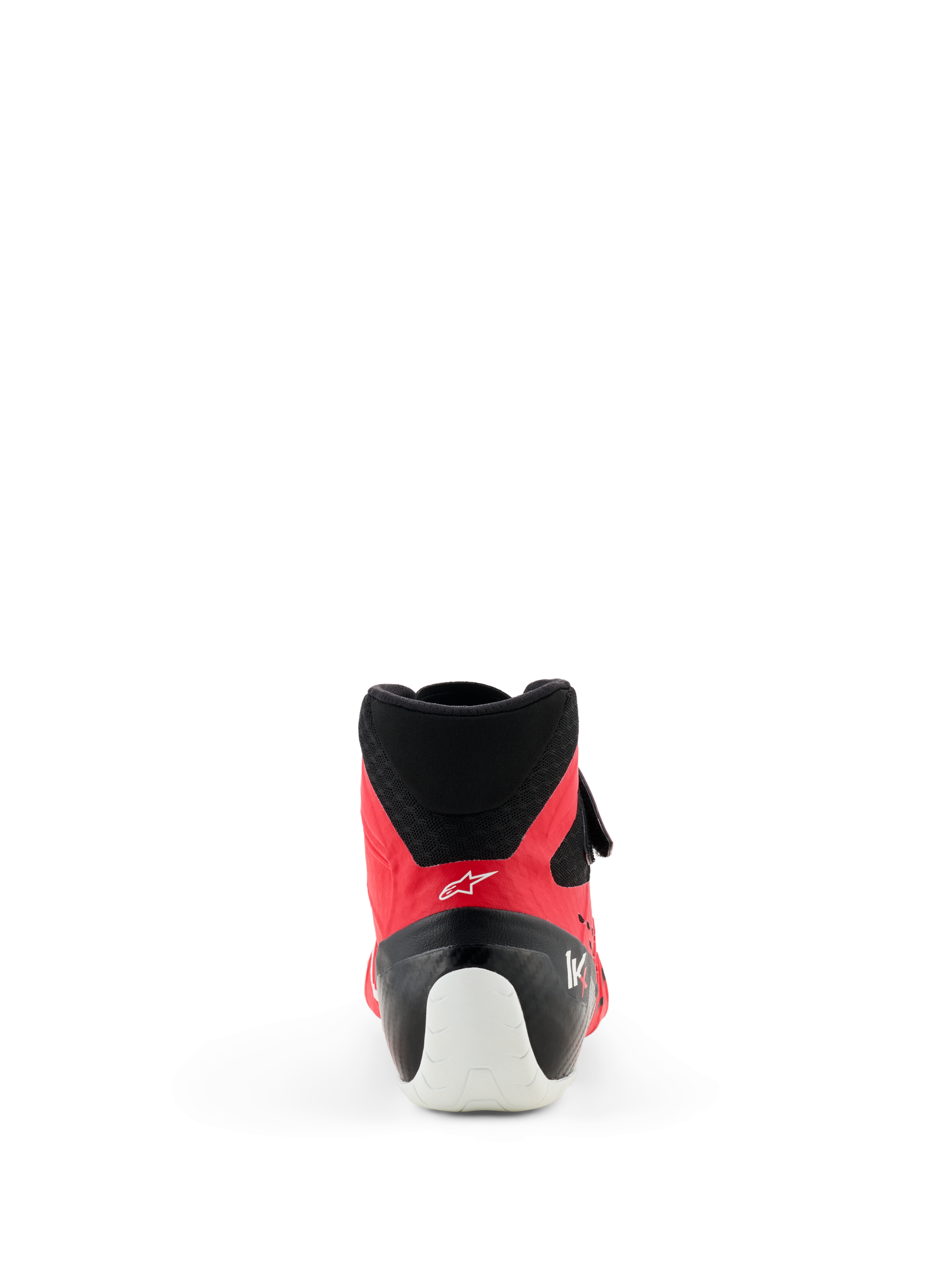 Scarpe Alpinestars Tech-1 KX V3 - FIA, scarpe da karting, rosso e nero, vista posteriore che evidenzia il rinforzo bianco sul tallone, il colletto in mesh nero e il profilo aerodinamico per il racing professionistico