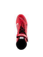 Scarpe Alpinestars Tech-1 KX V3 - FIA, scarpe da karting rosse e nere, vista dall'alto che mostra il sistema di allacciatura asimmetrico e la cinghia in velcro regolabile, tomaia traforata per la traspirabilità, calzatura da corsa leggera e performante