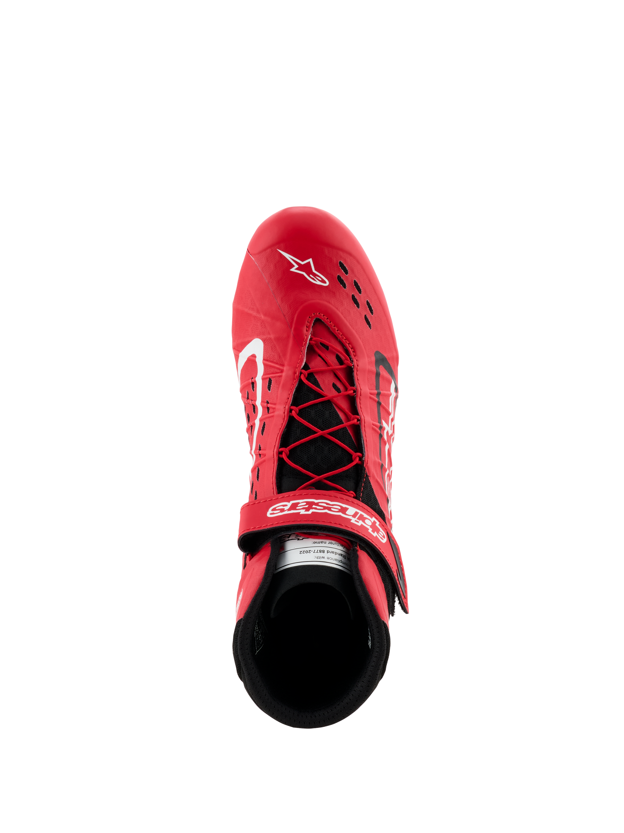 Scarpe Alpinestars Tech-1 KX V3 - FIA, scarpe da karting rosse e nere, vista dall'alto che mostra il sistema di allacciatura asimmetrico e la cinghia in velcro regolabile, tomaia traforata per la traspirabilità, calzatura da corsa leggera e performante