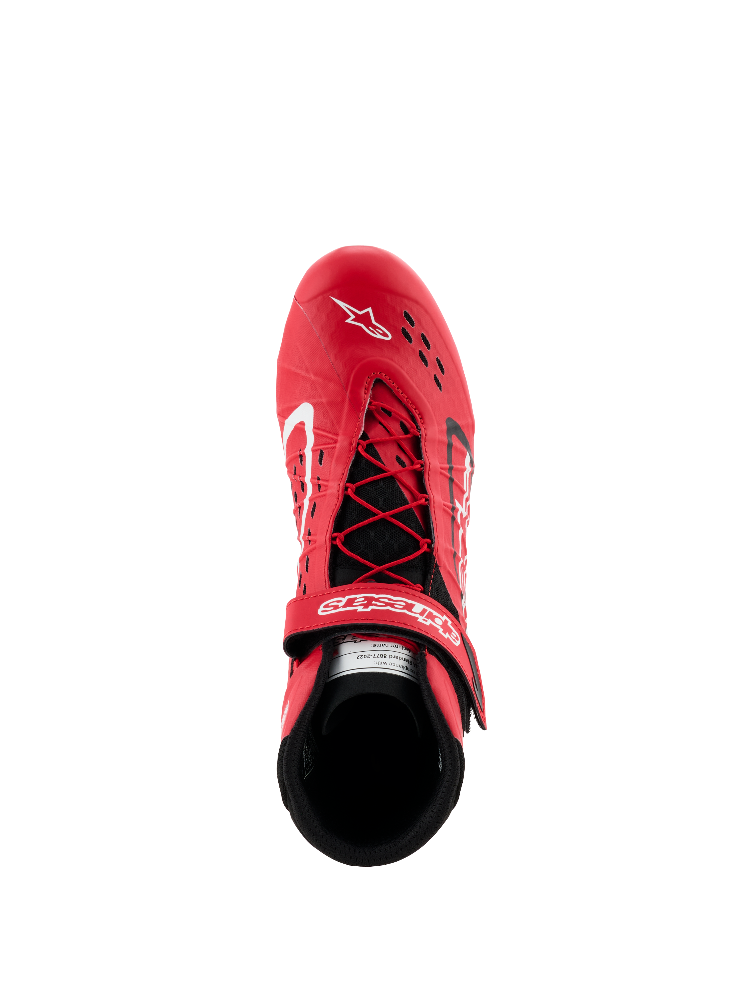 Scarpe Alpinestars Tech-1 KX V3 - FIA, scarpe da karting rosse e nere, vista dall'alto che mostra il sistema di allacciatura asimmetrico e la cinghia in velcro regolabile, tomaia traforata per la traspirabilità, calzatura da corsa leggera e performante