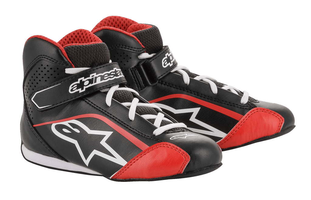 Alpinestars Scarpe Tech-1 K Ragazzo, scarpe da karting, nero, bianco e rosso, con tomaia in microfibra leggera e accenti rossi, lacci bianchi e cinturino alla caviglia con chiusura a strappo, progettate per le corse di kart per ragazzi