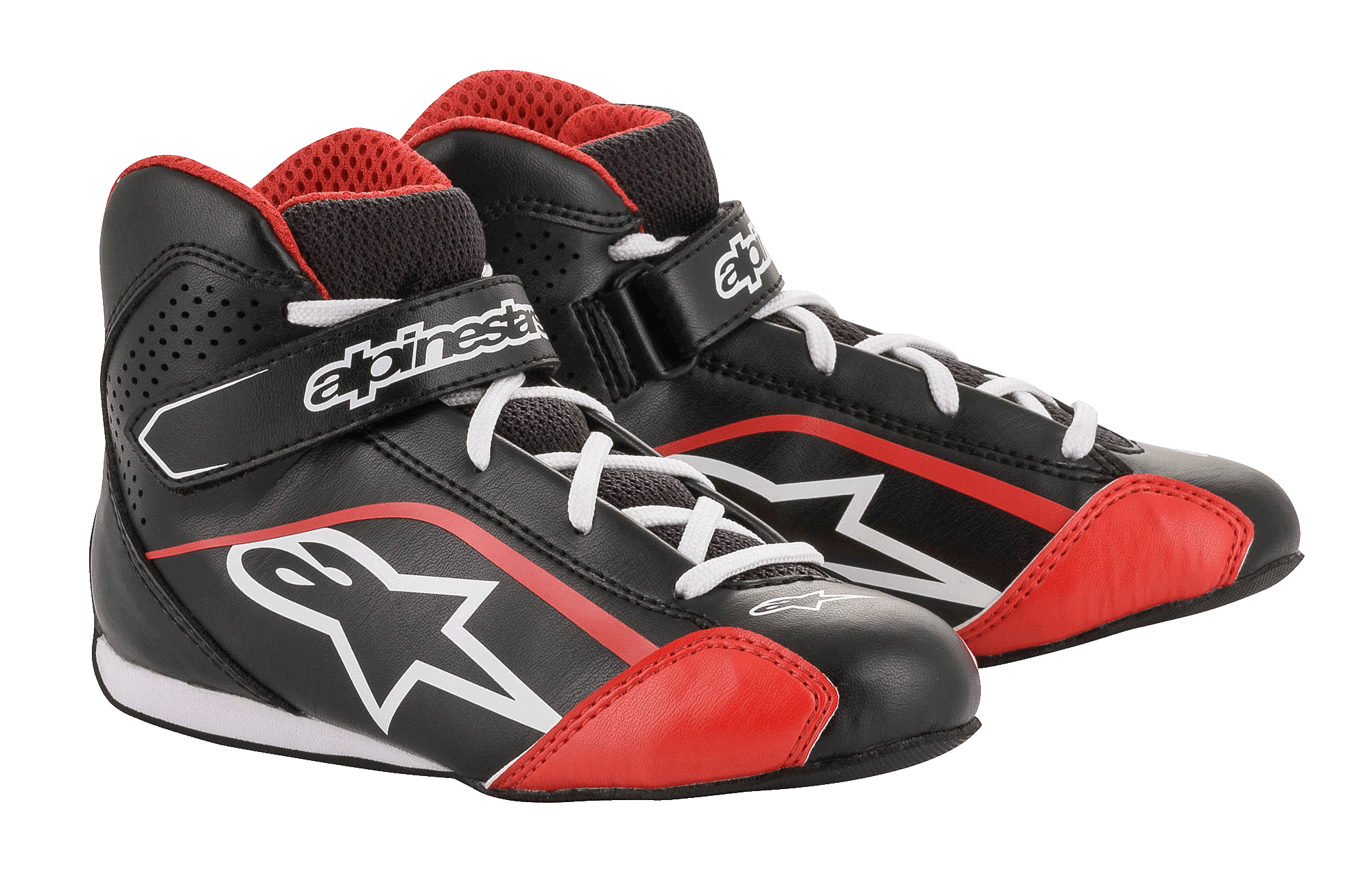 Alpinestars Scarpe Tech-1 K Ragazzo, scarpe da karting, nero, bianco e rosso, con tomaia in microfibra leggera e accenti rossi, lacci bianchi e cinturino alla caviglia con chiusura a strappo, progettate per le corse di kart per ragazzi