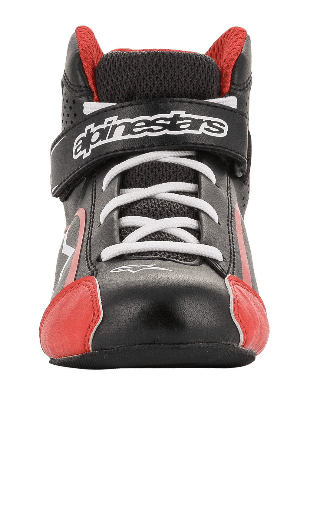 Scarpe Alpinestars Youth Tech-1 K, scarpe da karting, nero, bianco e rosso, vista frontale con lacci bianchi e cinturino a strappo con marchio, dettagli rossi sulla punta, struttura in microfibra leggera e mesh