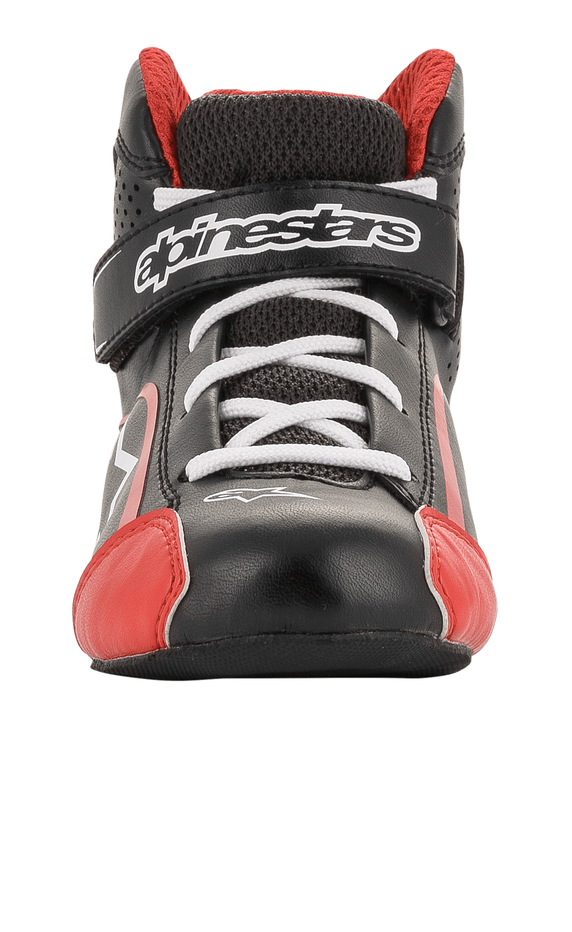 Scarpe Alpinestars Youth Tech-1 K, scarpe da karting, nero, bianco e rosso, vista frontale con lacci bianchi e cinturino a strappo con marchio, dettagli rossi sulla punta, struttura in microfibra leggera e mesh