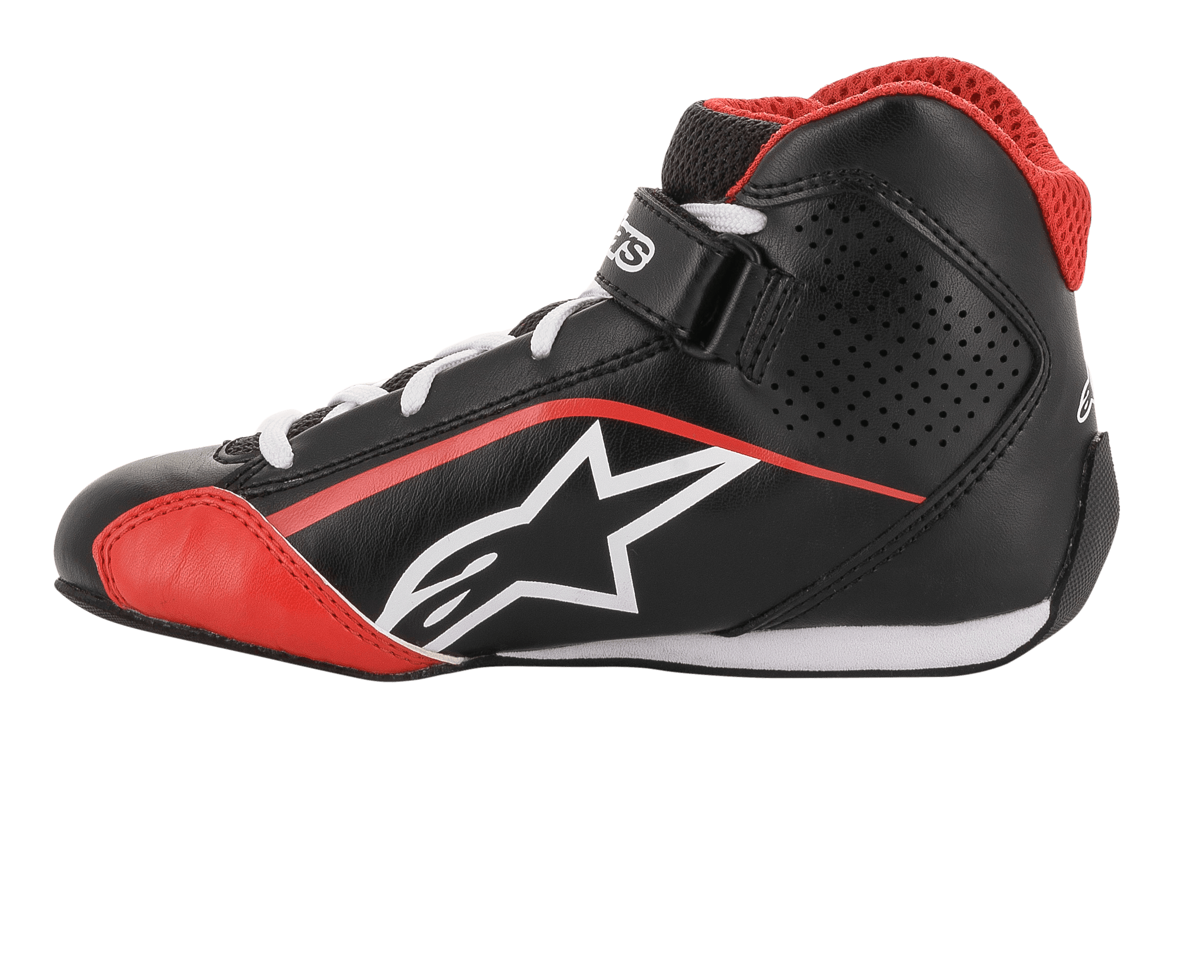 Alpinestars Youth Tech-1 K Shoes, calzature da karting, nero, bianco e rosso, profilo laterale con logo a stella bianco, colletto in mesh rosso, lacci bianchi e cinturino alla caviglia, design leggero in microfibra e mesh per le corse