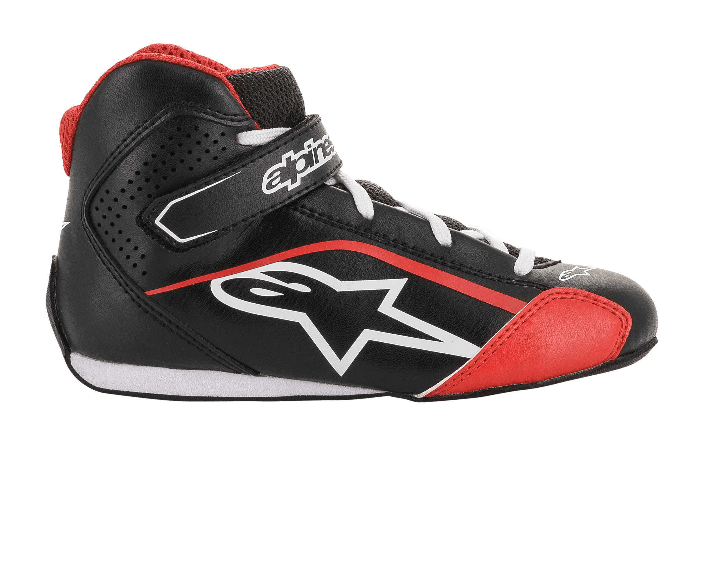 Scarpe Alpinestars Tech-1 K Ragazzo, scarpe da karting, nero, bianco e rosso, profilo laterale con struttura in microfibra, logo Alpinestars bianco, cinturino a strappo sulla caviglia e pannelli laterali traforati per la ventilazione.