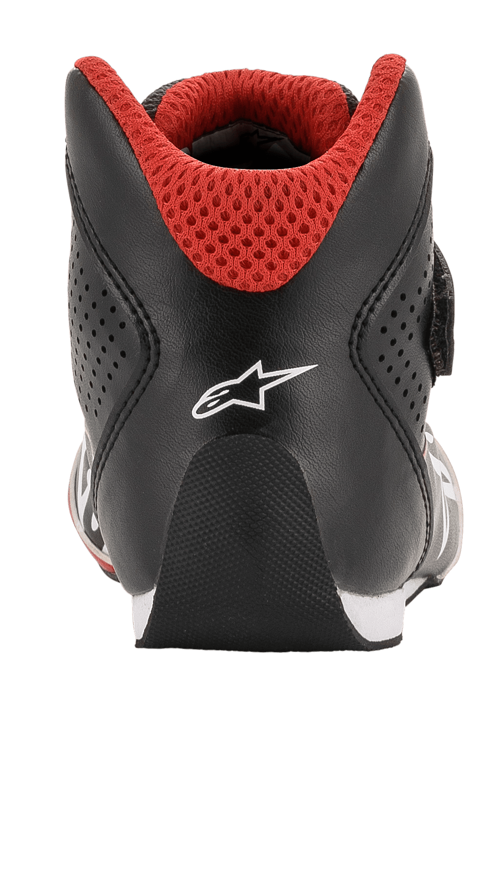 Scarpe Alpinestars Youth Tech-1 K, scarpe da karting, nero, bianco e rosso, vista posteriore con tallone arrotondato, logo Alpinestars bianco e colletto in mesh 3D rosso per gare di kart