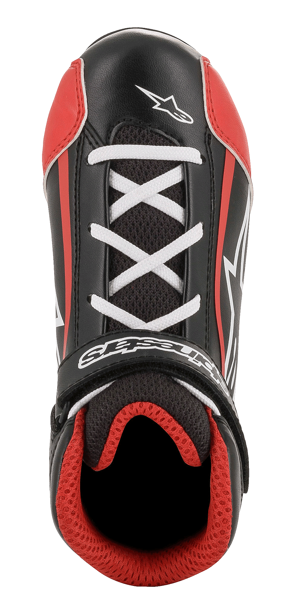 Scarpe Alpinestars Youth Tech-1 K, scarpe da karting, nero bianco e rosso, vista dall'alto che mostra lacci bianchi incrociati, cinturino a strappo nero con logo, fodera in rete 3D rossa, costruzione in microfibra resistente e mesh