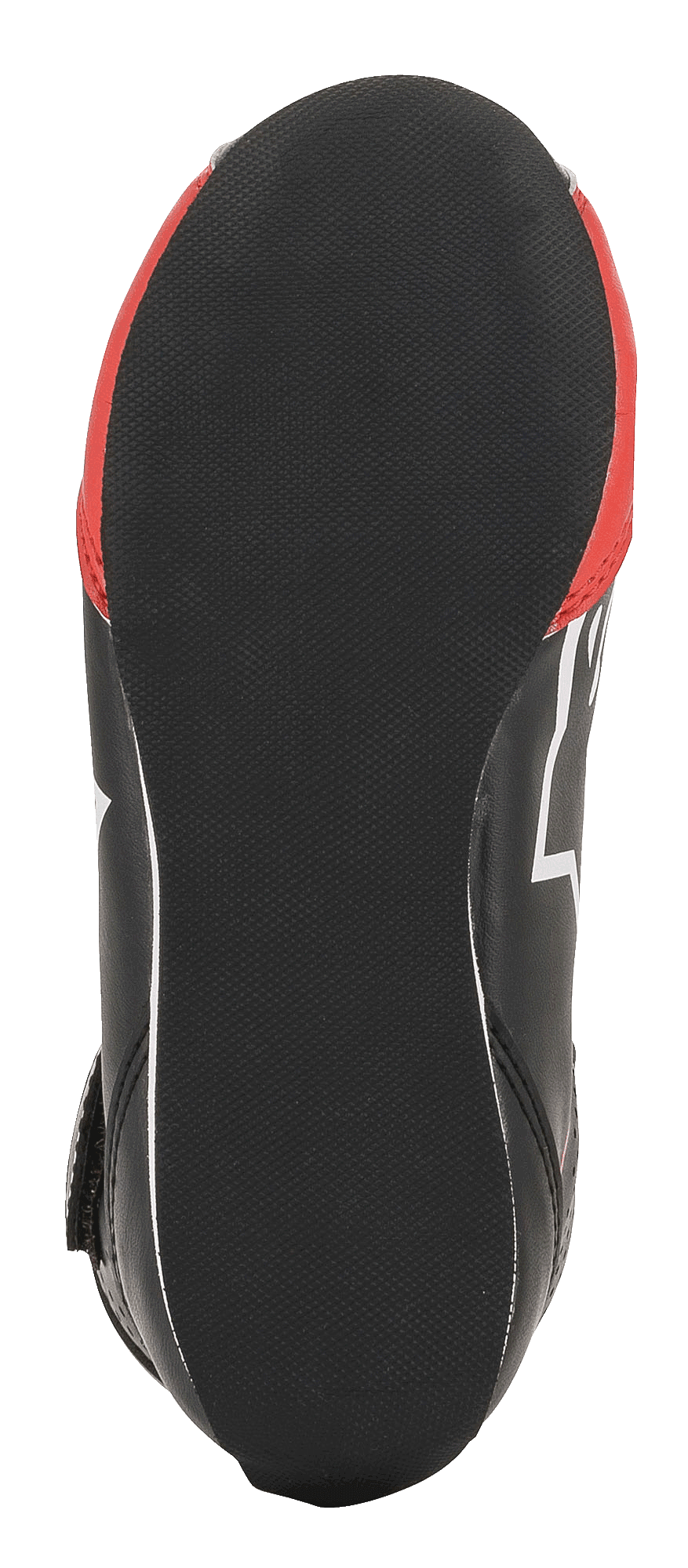 Alpinestars Youth Tech-1 K Shoes, scarpe da karting, nero, bianco e rosso, vista dal basso che mostra la suola in gomma nera testurizzata con tallone arrotondato per la sensibilità sui pedali e accenti laterali rossi.