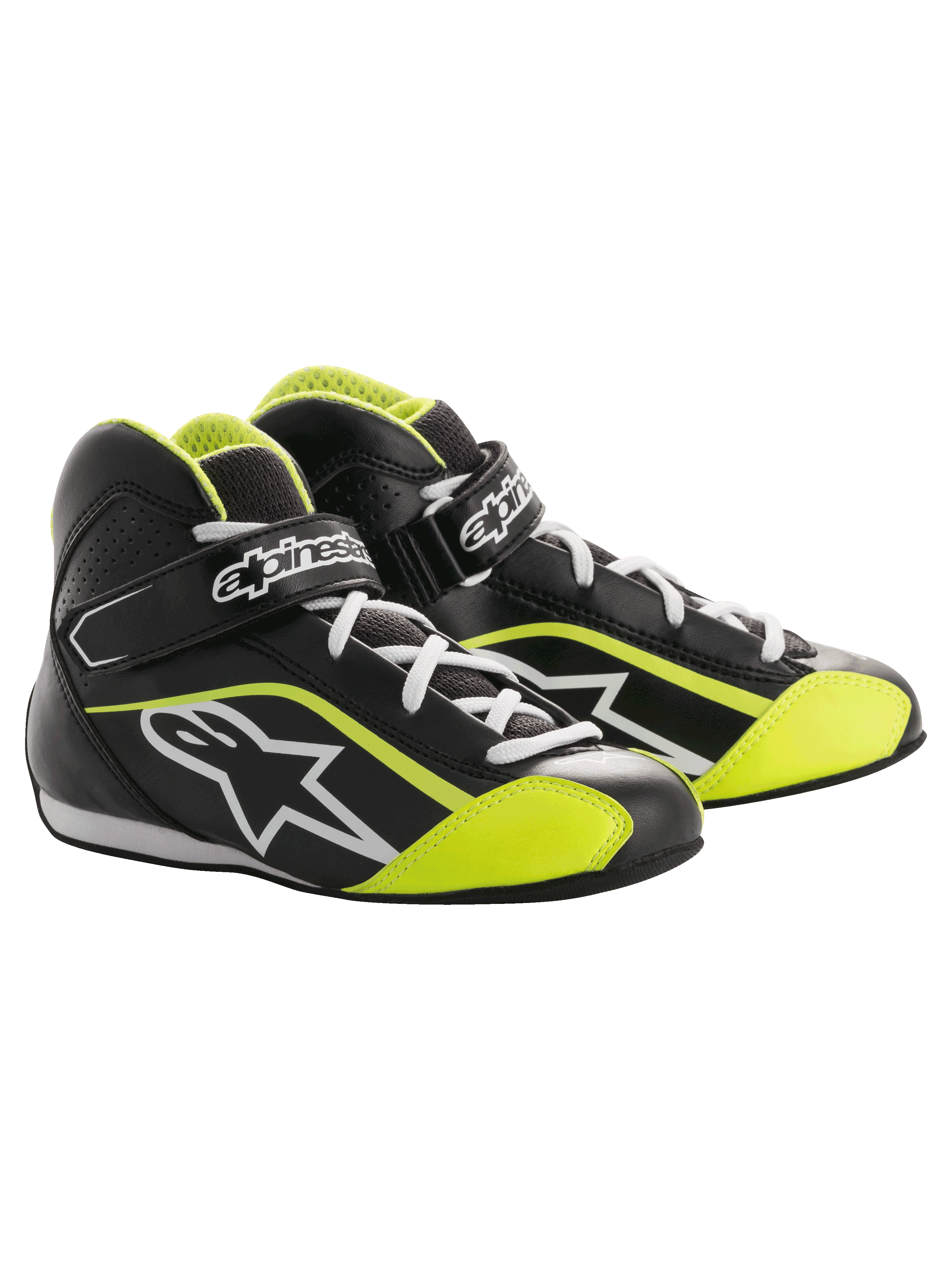 Alpinestars Youth Tech-1 K Shoes, scarpe da karting, nero e giallo fluorescente, design high-top con lacci bianchi, cinturino a strappo con marchio, logo a stella laterale e pannelli traforati