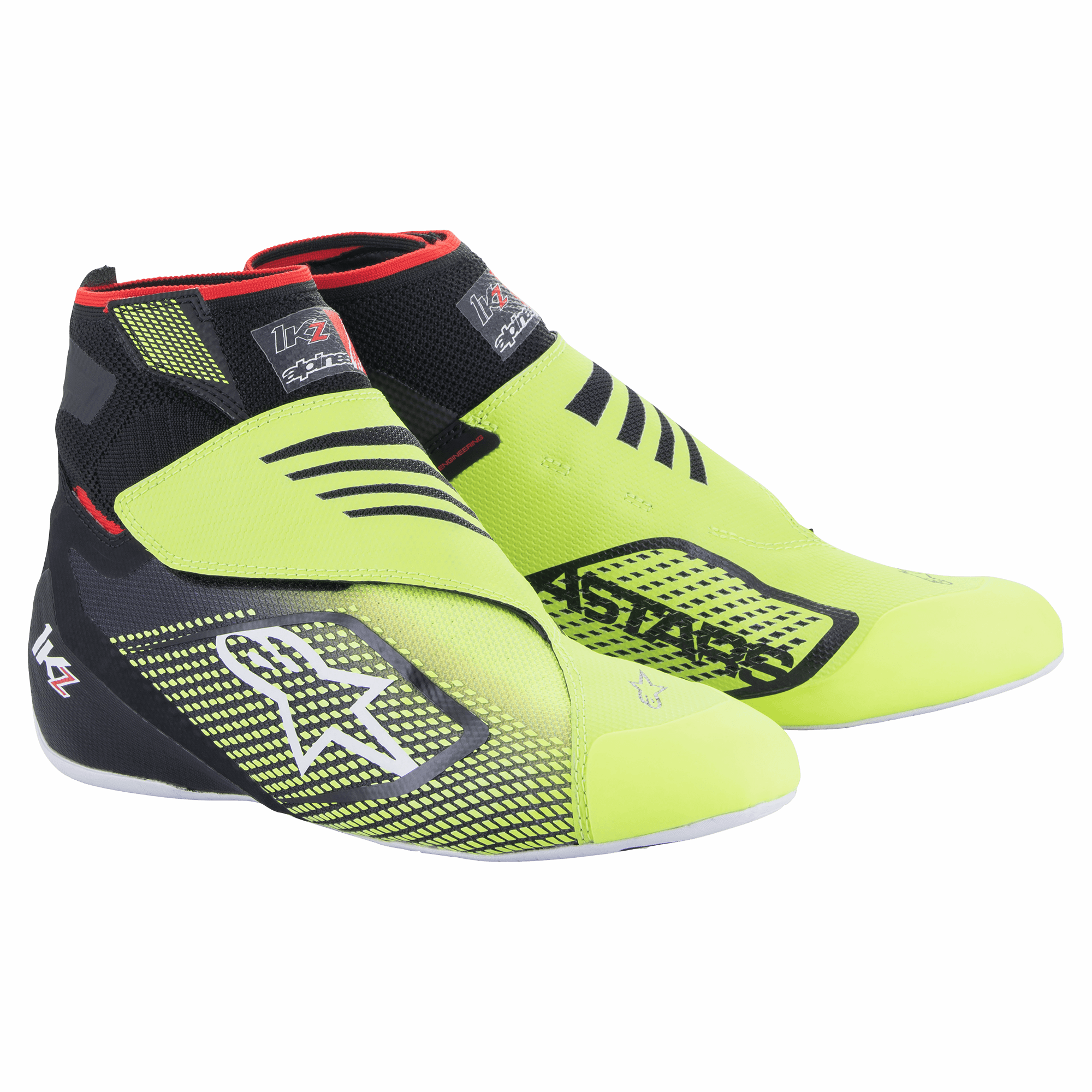 Scarpe Alpinestars Tech-1 KZ V2, scarpe da karting, nero e giallo fluo, tomaia in maglia senza cuciture, doppia chiusura a strappo, logo stella Alpinestars bianco, grafiche 3D nere, colletto alto con accenti rossi, suola bianca sottile, calzature specializzate per motorsport