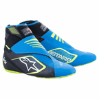 Scarpe da Karting Alpinestars Tech-1 KZ V2, blu, nero e giallo fluo, con tomaia in maglia senza cuciture, doppia chiusura con cinturino alla caviglia, grande logo a stella bianco sul lato, design elegante e leggero per il motorsport