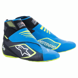 Scarpe da Karting Alpinestars Tech-1 KZ V2, blu, nero e giallo fluo, con tomaia in maglia senza cuciture, doppia chiusura con cinturino alla caviglia, grande logo a stella bianco sul lato, design elegante e leggero per il motorsport