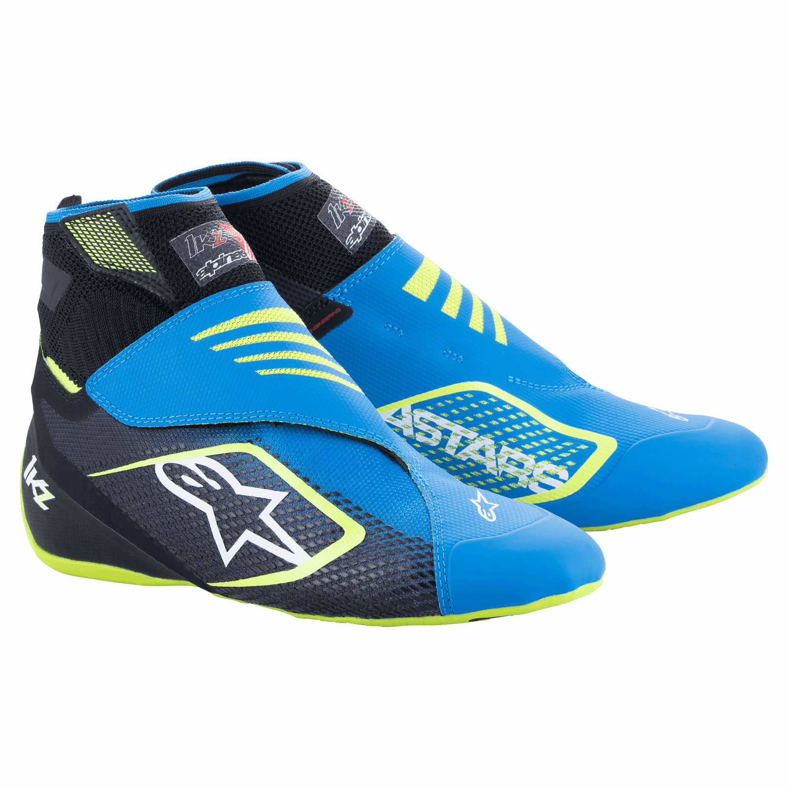Scarpe da Karting Alpinestars Tech-1 KZ V2, blu, nero e giallo fluo, con tomaia in maglia senza cuciture, doppia chiusura con cinturino alla caviglia, grande logo a stella bianco sul lato, design elegante e leggero per il motorsport