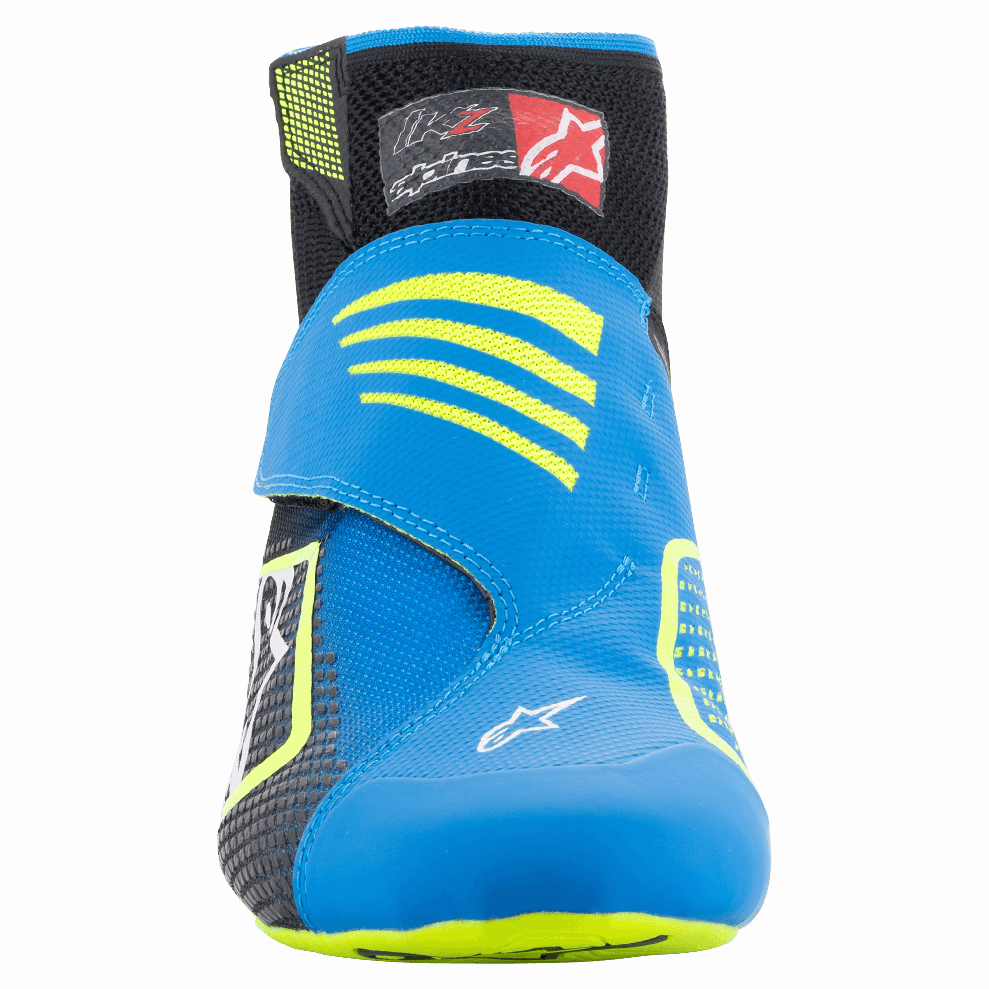 Scarpe Alpinestars Tech-1 KZ V2, scarpe da karting, nero, blu e giallo fluo, vista frontale che mostra la tomaia in maglia senza cuciture, cinturino blu vivace con dettagli gialli e colletto nero sulla caviglia