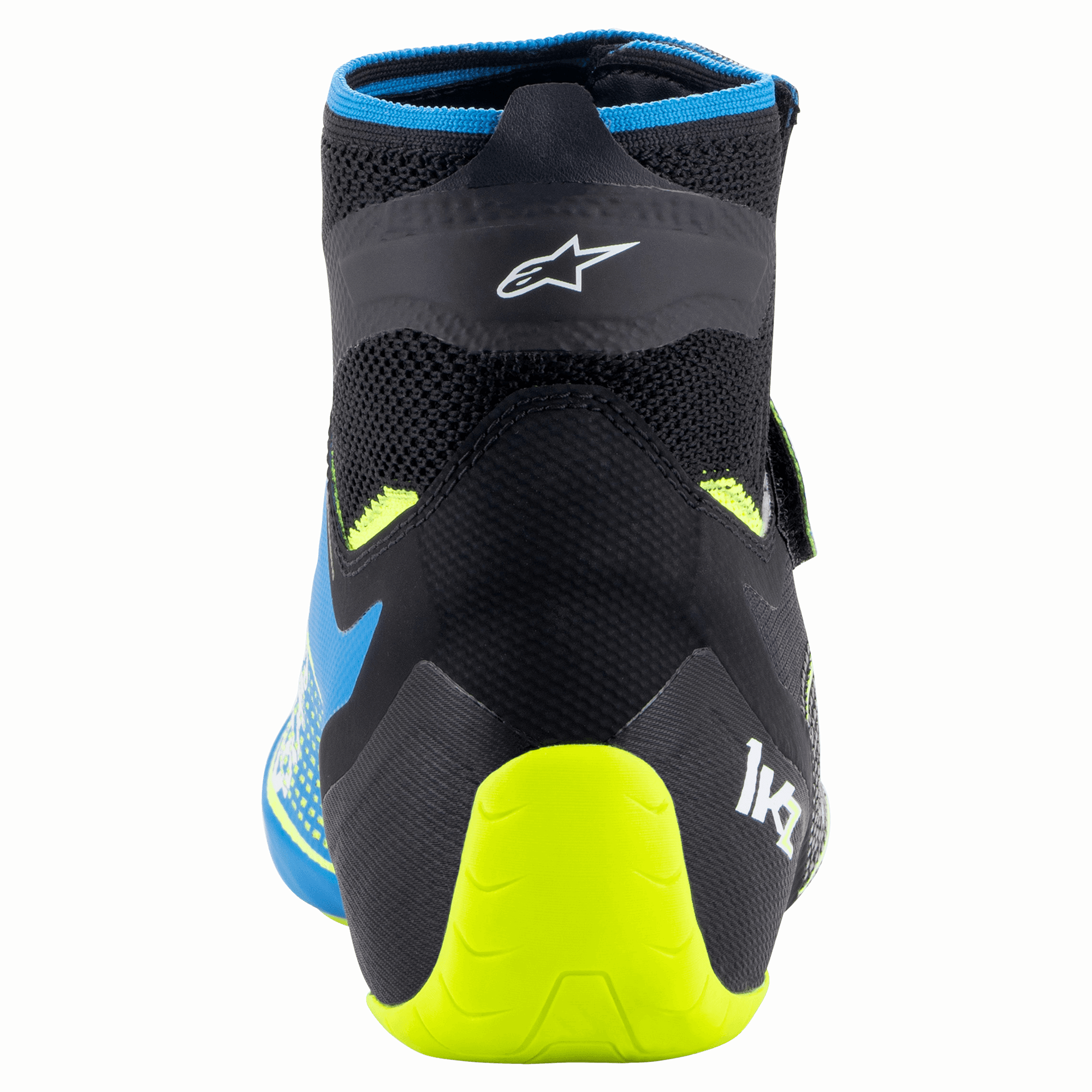 Scarpe Alpinestars Tech-1 KZ V2, scarpe da karting, nero, blu smalto e giallo fluo, vista posteriore con costruzione della tomaia in maglia, logo Alpinestars e supporto per il tallone giallo fluo brillante