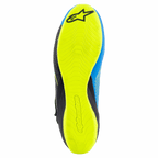 Scarpe da karting Alpinestars Tech-1 KZ V2, nero, blu enamel e giallo fluo, vista inferiore della sottile suola in gomma giallo fluo, motivo grip testurizzato con loghi Alpinestars, progettate per la sensibilità sui pedali
