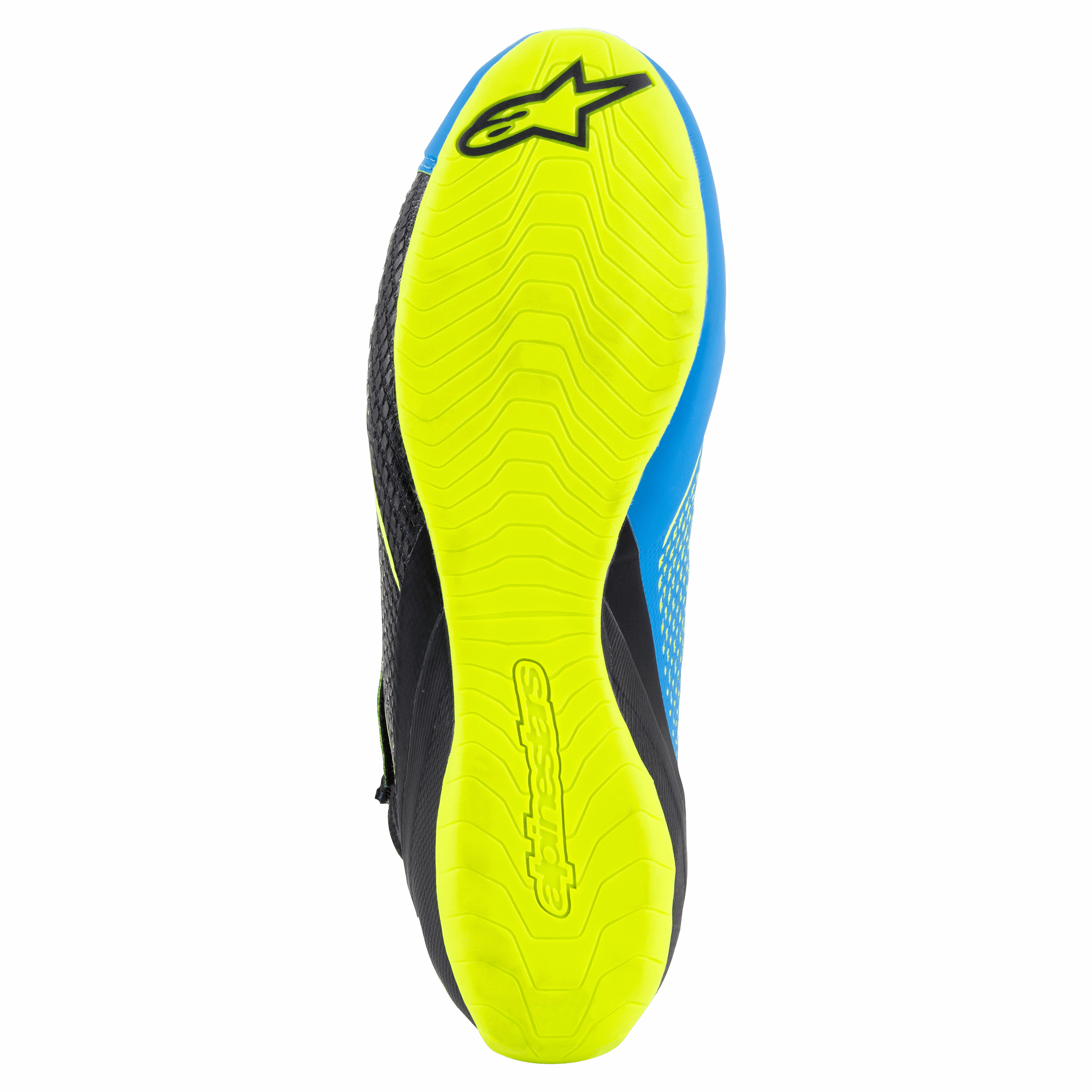Scarpe da karting Alpinestars Tech-1 KZ V2, nero, blu enamel e giallo fluo, vista inferiore della sottile suola in gomma giallo fluo, motivo grip testurizzato con loghi Alpinestars, progettate per la sensibilità sui pedali