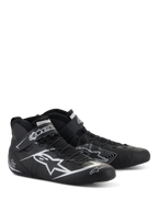 Scarpe Alpinestars Tech-1 Z V3 FIA, calzature per corse automobilistiche, nero e argento, pelle bovina premium con logo Alpinestars a stella argento, profilo basso ed elegante con allacciatura rapida e cinturino in Velcro