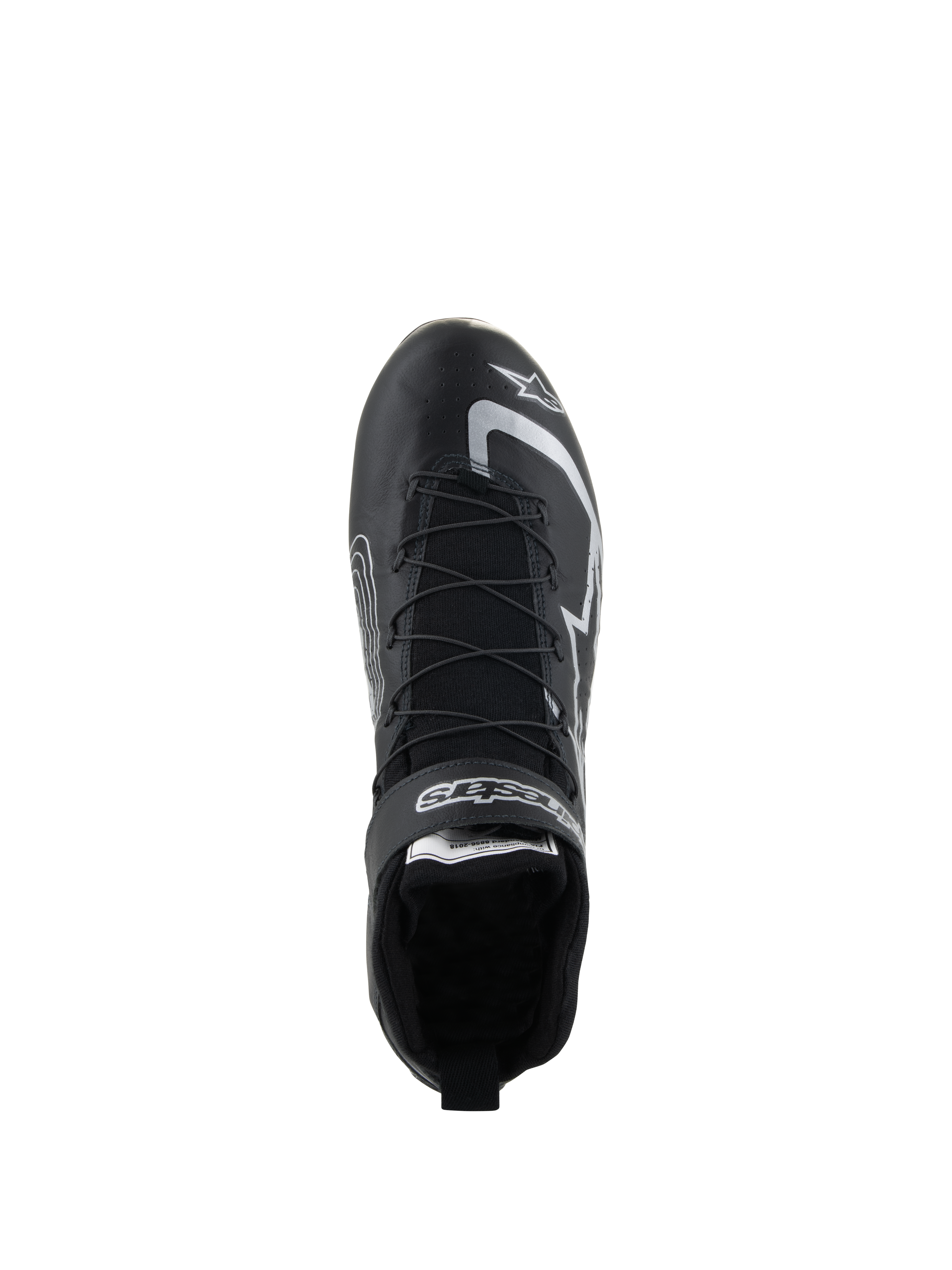 Alpinestars Tech-1 Z V3 Shoes FIA, scarpe da corsa auto, nero e argento, vista dall'alto con sistema di allacciatura rapida e marchio Alpinestars, calzature professionali da motorsport in pelle bovina