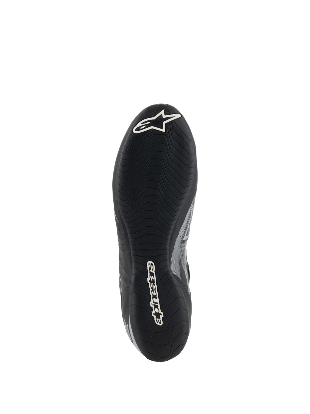 Alpinestars Tech-1 Z V3 Shoes FIA, vista della suola della scarpa da corsa Nero Argento, con suola esterna in gomma sottile derivata dalla F1 e battistrada asimmetrico, logo Astar e scritta Alpinestars bianchi