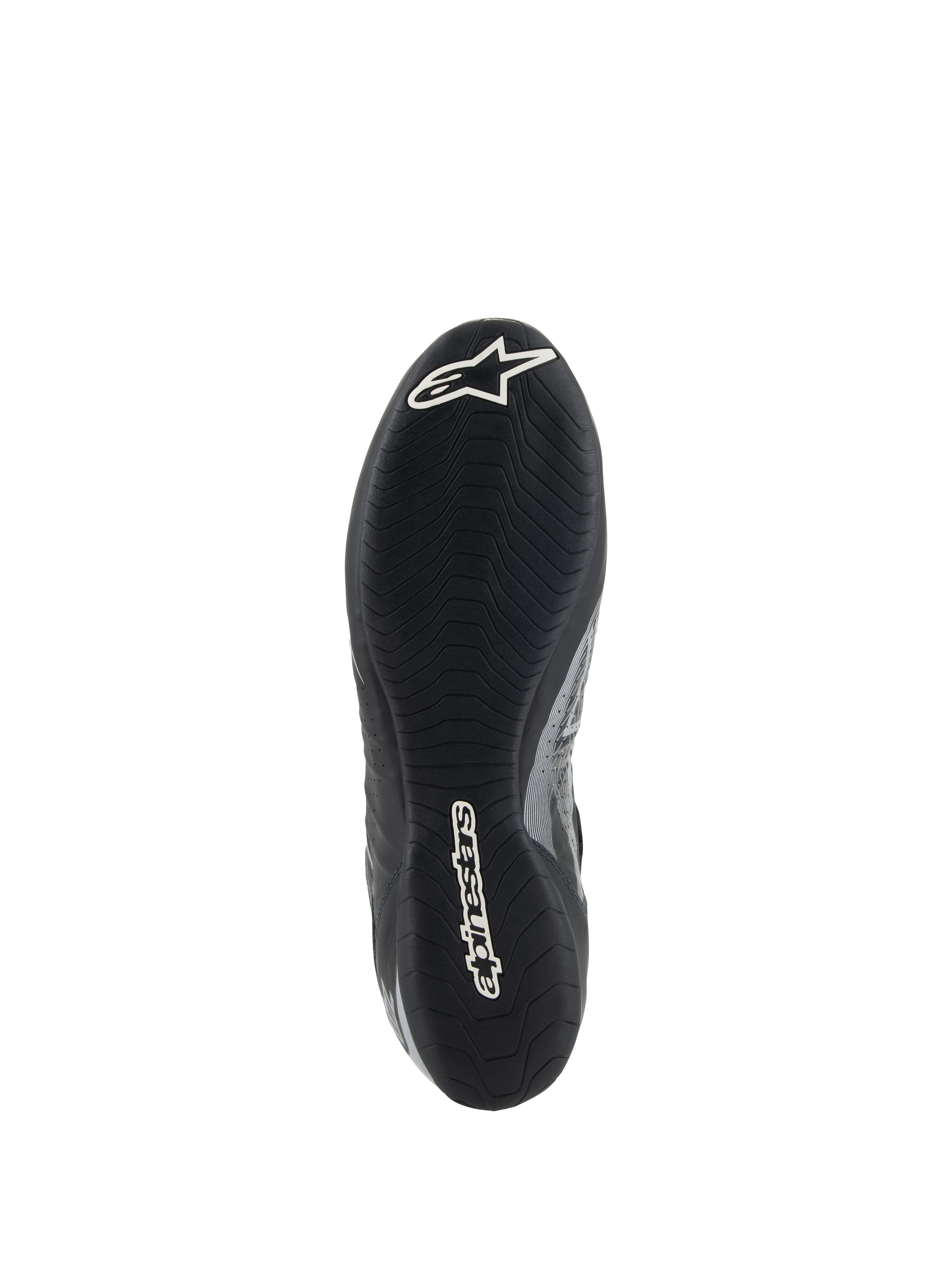 Alpinestars Tech-1 Z V3 Shoes FIA, vista della suola della scarpa da corsa Nero Argento, con suola esterna in gomma sottile derivata dalla F1 e battistrada asimmetrico, logo Astar e scritta Alpinestars bianchi