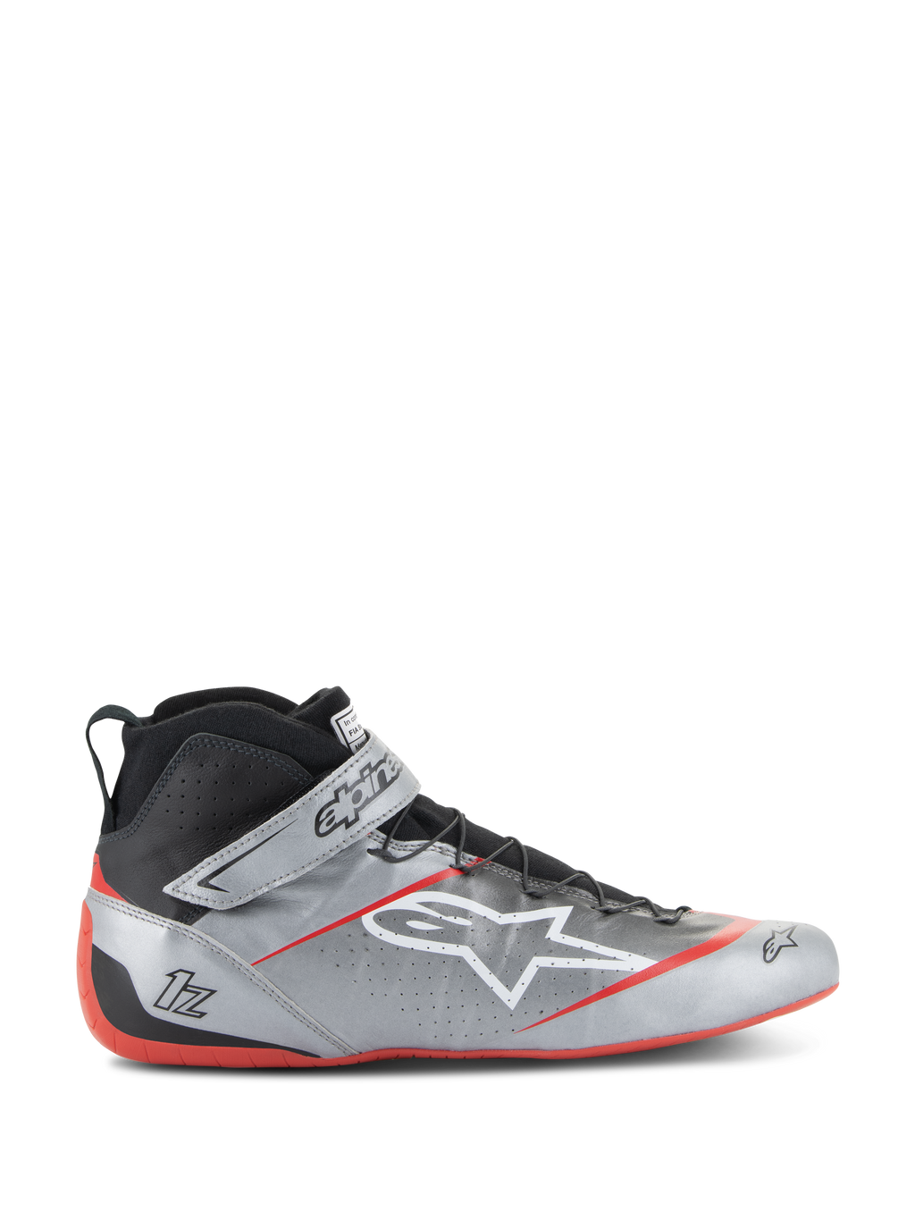 Alpinestars Tech-1 Z V3 FIA Racing Shoes, scarpe da corsa, argento scuro con accenti neri e rossi, design a collo alto con logo stella bianco, suola rossa, pelle traforata per ventilazione, chiusura con cinturino in Velcro