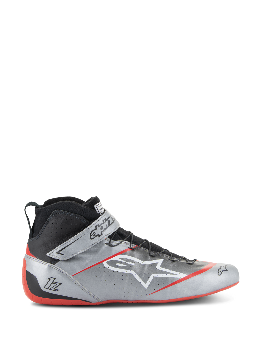 Alpinestars Tech-1 Z V3 FIA Racing Shoes, scarpe da corsa, argento scuro con accenti neri e rossi, design a collo alto con logo stella bianco, suola rossa, pelle traforata per ventilazione, chiusura con cinturino in Velcro