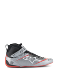 Alpinestars Tech-1 Z V3 FIA Racing Shoes, scarpe da corsa, argento scuro con accenti neri e rossi, design a collo alto con logo stella bianco, suola rossa, pelle traforata per ventilazione, chiusura con cinturino in Velcro