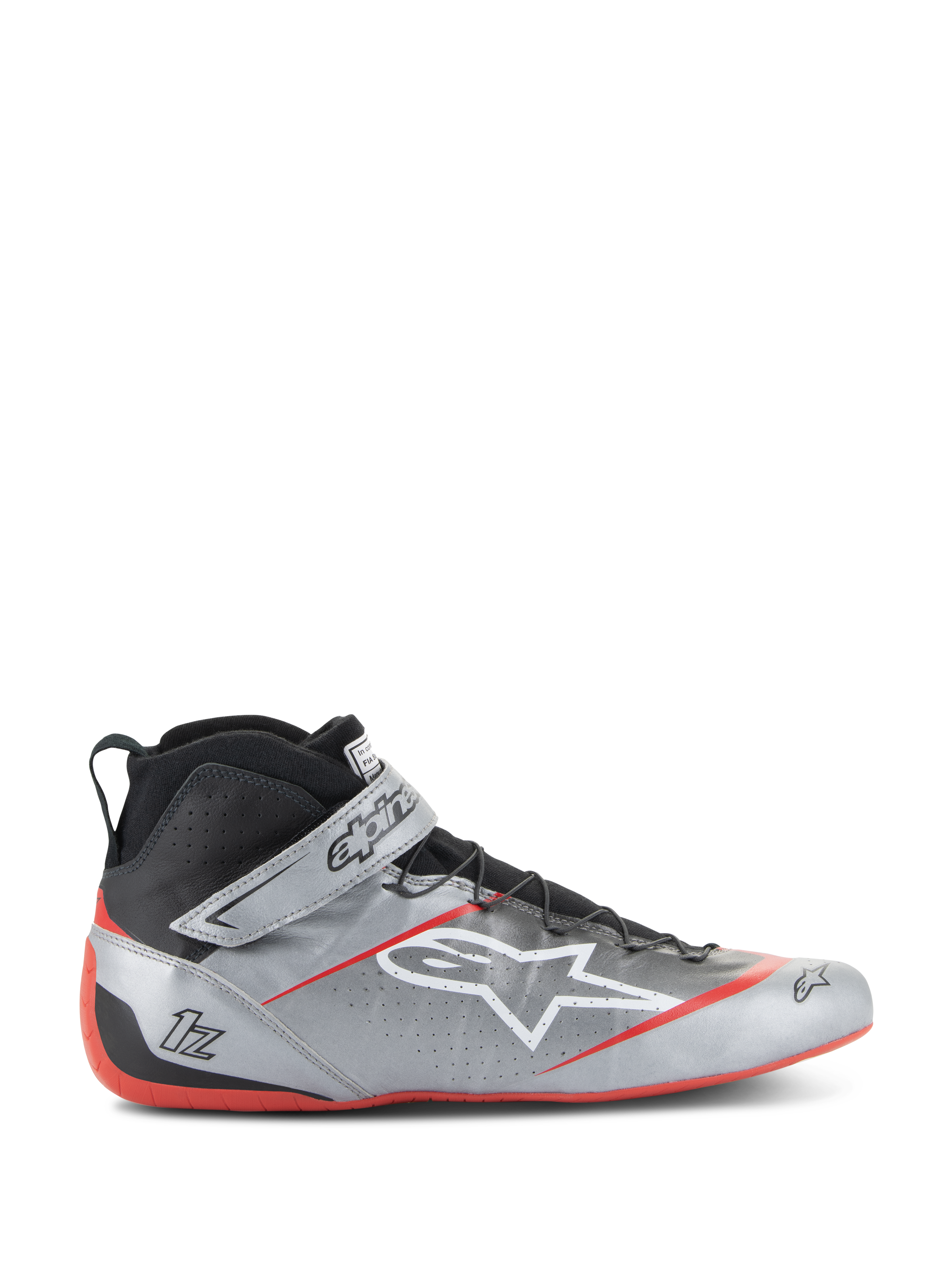 Alpinestars Tech-1 Z V3 FIA Racing Shoes, scarpe da corsa, argento scuro con accenti neri e rossi, design a collo alto con logo stella bianco, suola rossa, pelle traforata per ventilazione, chiusura con cinturino in Velcro