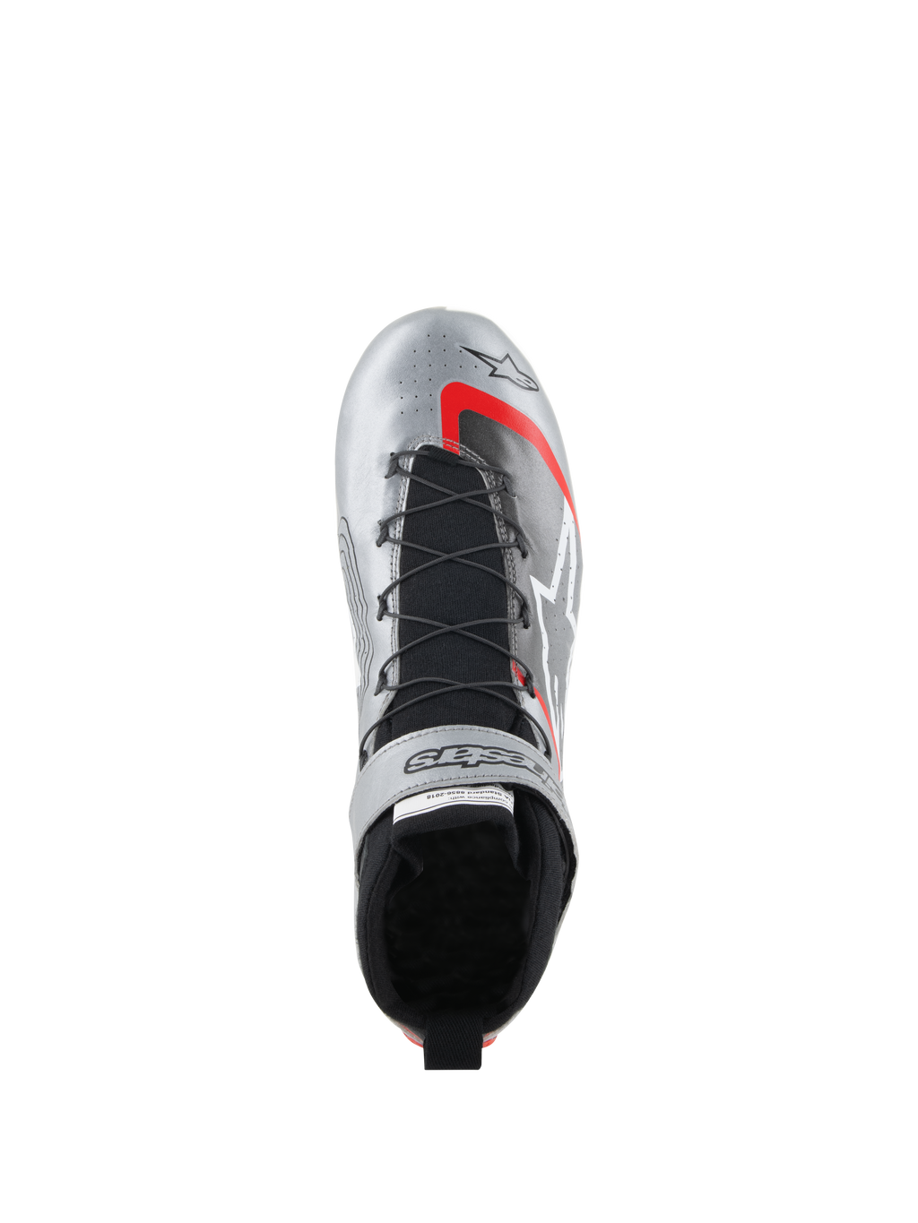 Alpinestars Scarpe Tech-1 Z V3 FIA, scarpe da auto racing, argento scuro con dettagli neri e rossi, vista dall'alto con sistema di allacciatura rapida, linguetta in maglia nera e finitura in pelle metallizzata con loghi evidenti.