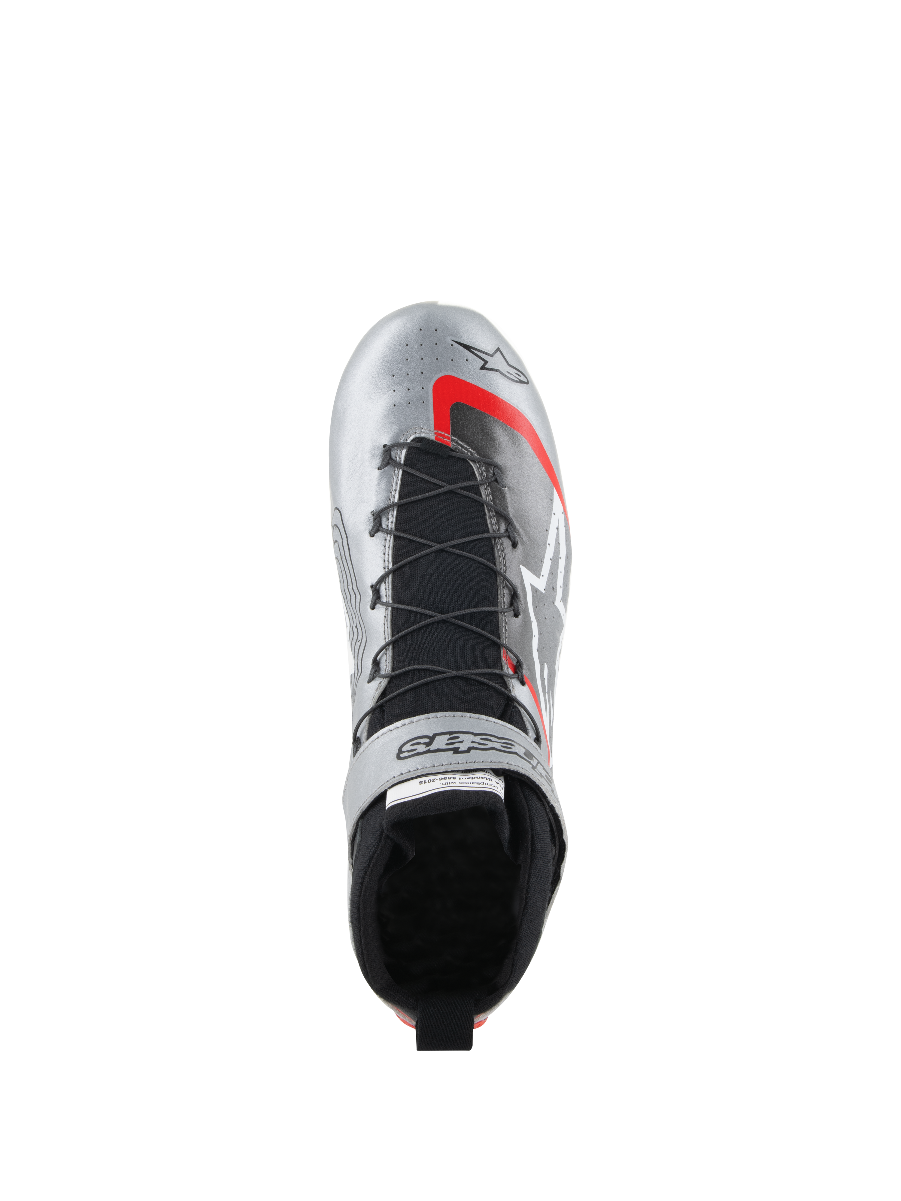 Alpinestars Scarpe Tech-1 Z V3 FIA, scarpe da auto racing, argento scuro con dettagli neri e rossi, vista dall'alto con sistema di allacciatura rapida, linguetta in maglia nera e finitura in pelle metallizzata con loghi evidenti.