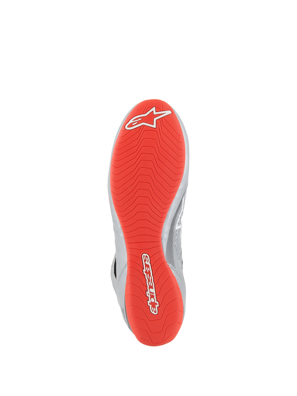 Alpinestars Tech-1 Z V3 Shoes FIA, scarpe da auto, Argento Scuro Nero Rosso, vista dal basso che mostra la suola in gomma rosso brillante con loghi Alpinestars bianchi, battistrada asimmetrico testurizzato per l'aderenza, dettagli in pelle argento sul lato