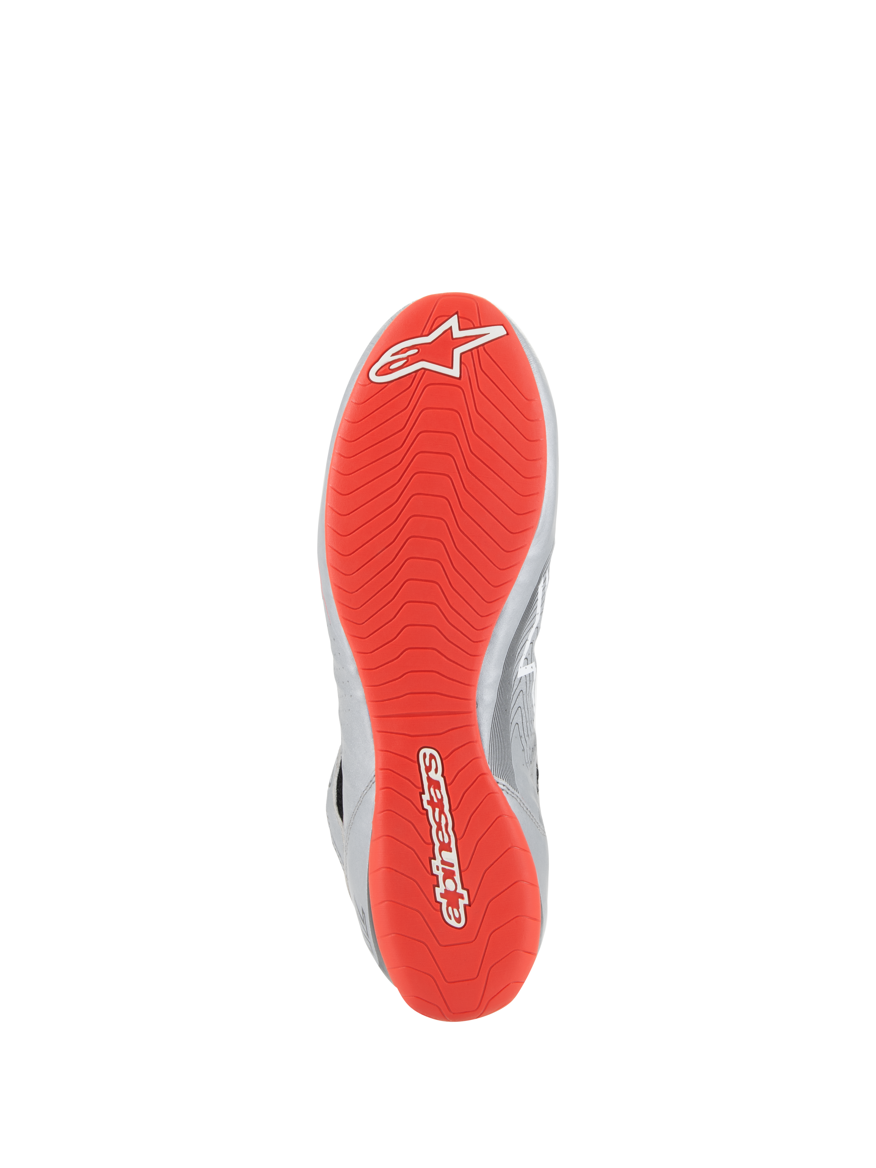 Alpinestars Tech-1 Z V3 Shoes FIA, scarpe da auto, Argento Scuro Nero Rosso, vista dal basso che mostra la suola in gomma rosso brillante con loghi Alpinestars bianchi, battistrada asimmetrico testurizzato per l'aderenza, dettagli in pelle argento sul lato