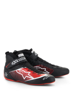 Alpinestars Tech-1 Z V3 Shoes FIA, scarpe da auto racing, nero con accenti rossi e bianchi, con un grande logo a stella bianco sul lato, suole rosse sottili e sistema di allacciatura rapida con cinturino alla caviglia