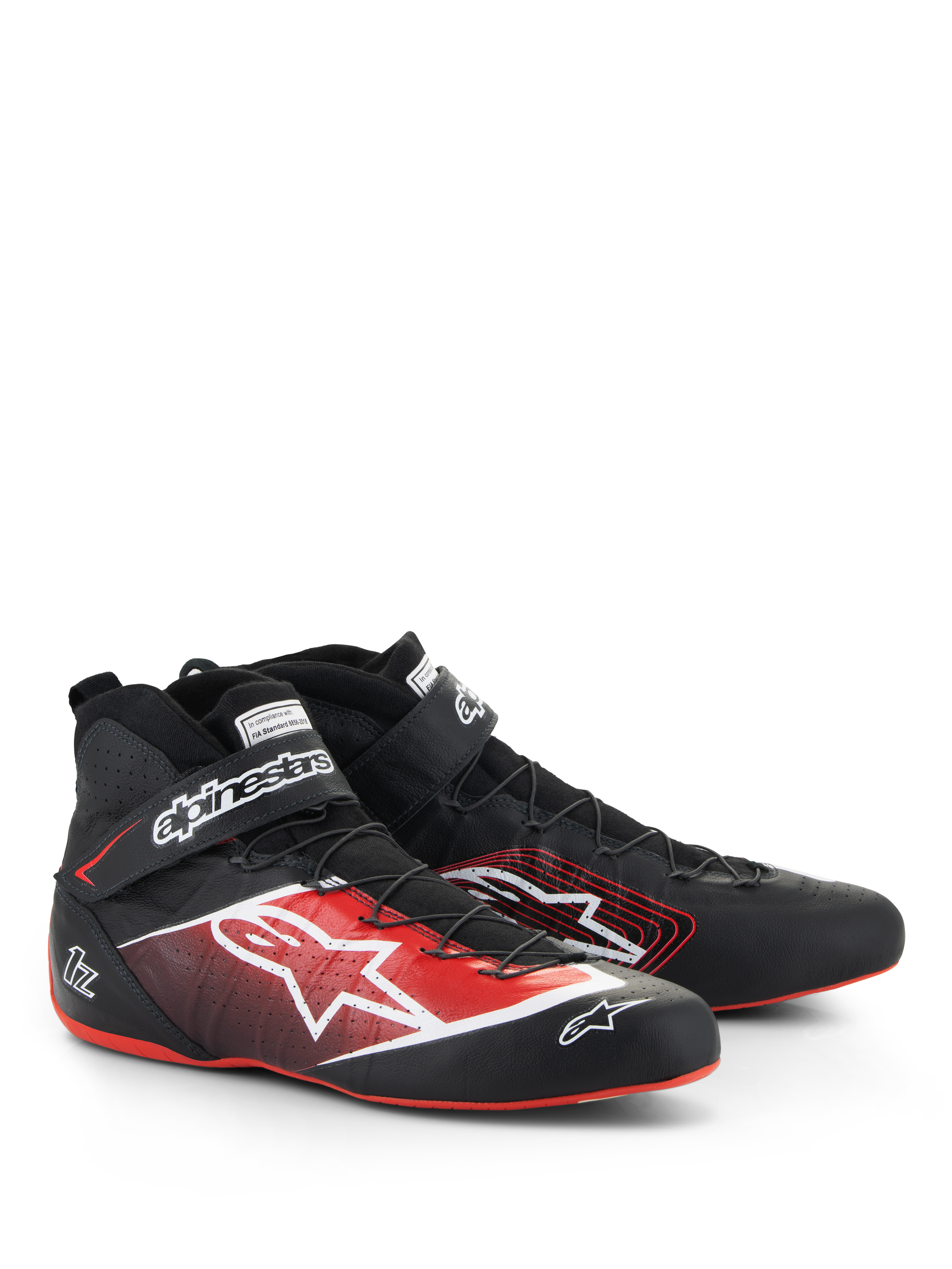 Alpinestars Tech-1 Z V3 Shoes FIA, scarpe da auto racing, nero con accenti rossi e bianchi, con un grande logo a stella bianco sul lato, suole rosse sottili e sistema di allacciatura rapida con cinturino alla caviglia