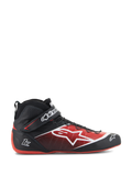 Alpinestars Tech-1 Z V3 Shoes FIA, scarpe da corsa auto, nero e rosso, design a profilo alto con logo a stella bianco, finitura lucida con perforazioni testurizzate, suola rossa curva, certificate FIA, cinturino alla caviglia con marchio, calzature da motorsport aerodinamiche