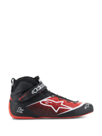 Alpinestars Tech-1 Z V3 Shoes FIA, scarpe da corsa auto, nero e rosso, design a profilo alto con logo a stella bianco, finitura lucida con perforazioni testurizzate, suola rossa curva, certificate FIA, cinturino alla caviglia con marchio, calzature da motorsport aerodinamiche