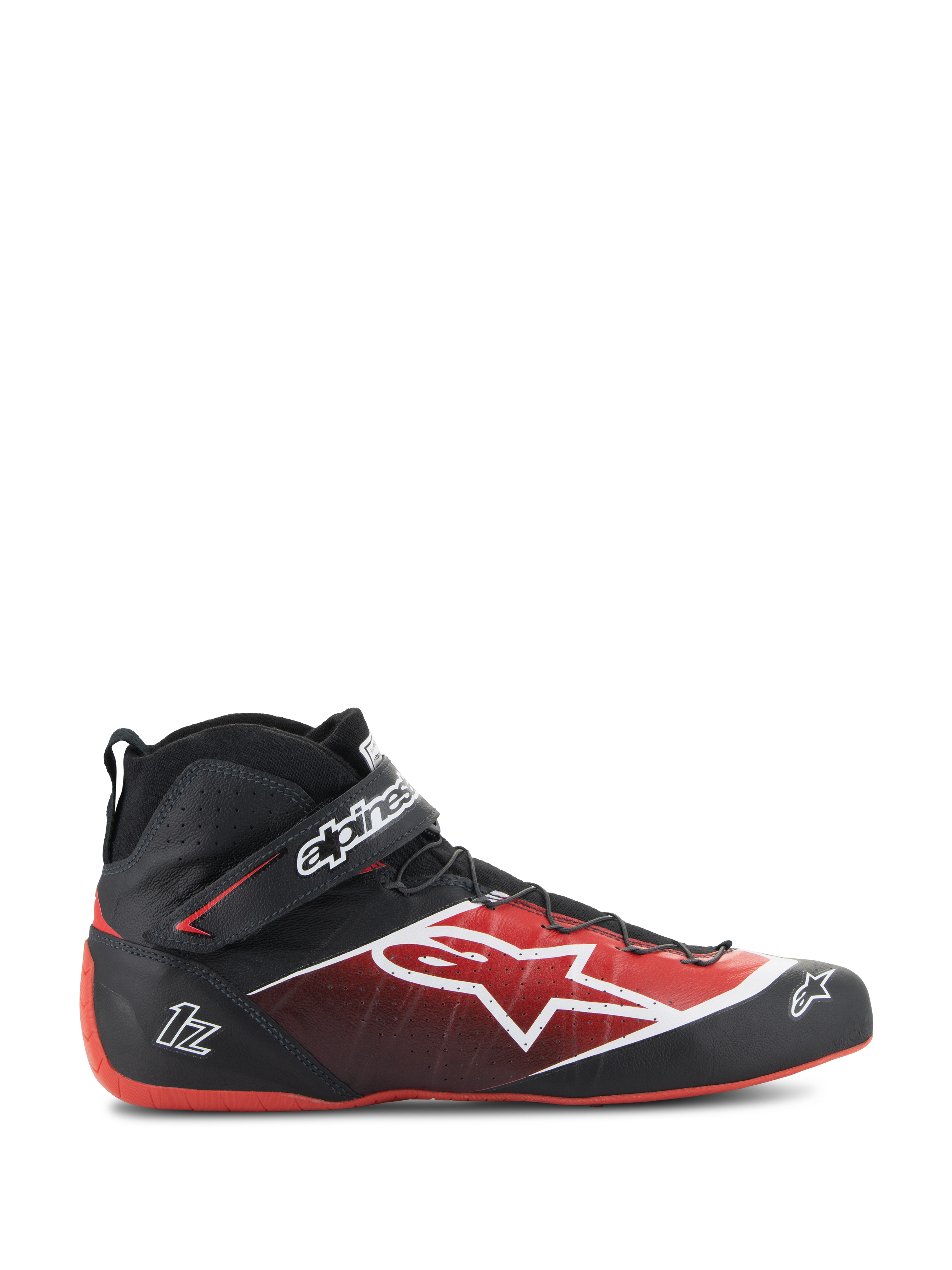 Alpinestars Tech-1 Z V3 Shoes FIA, scarpe da corsa auto, nero e rosso, design a profilo alto con logo a stella bianco, finitura lucida con perforazioni testurizzate, suola rossa curva, certificate FIA, cinturino alla caviglia con marchio, calzature da motorsport aerodinamiche