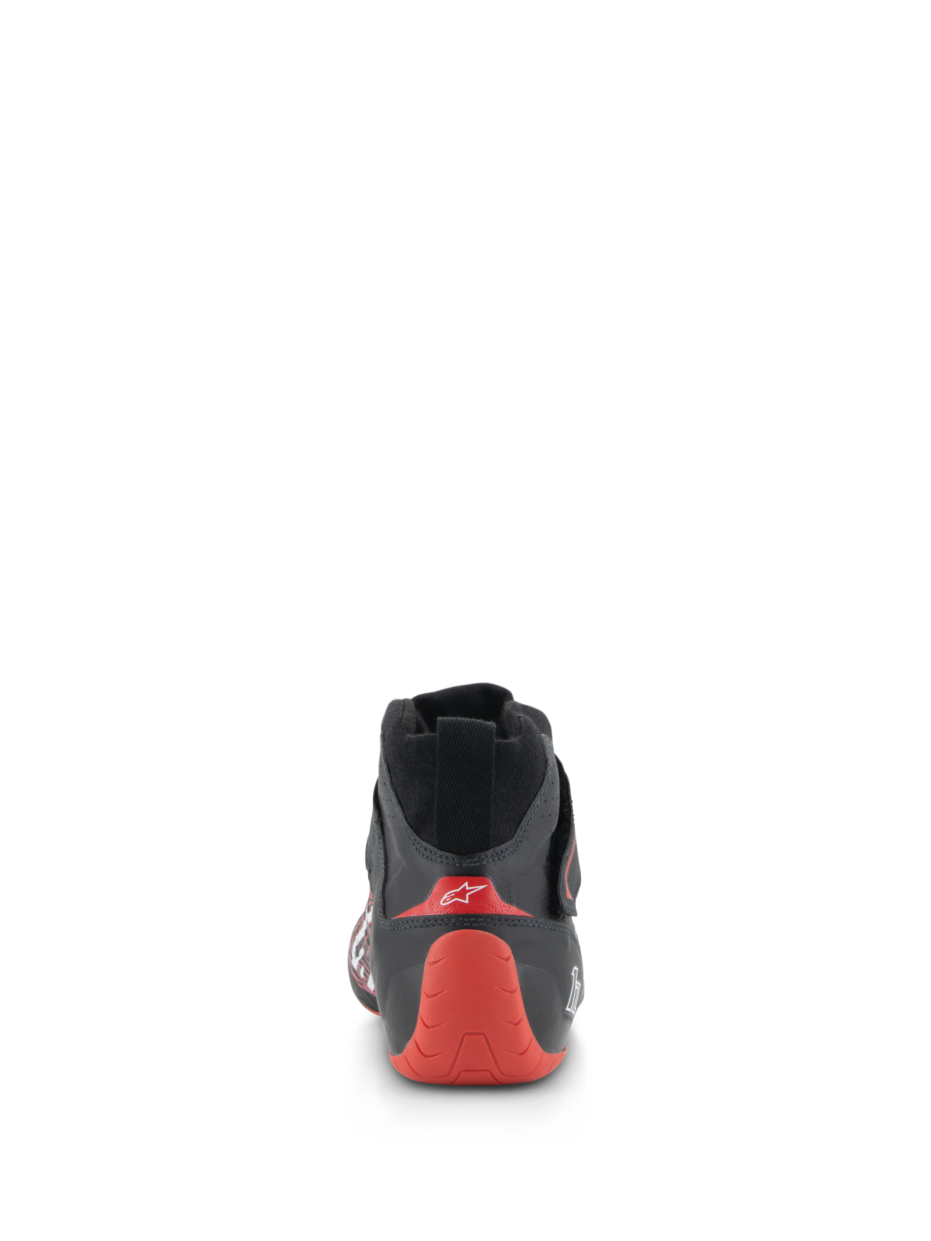 Alpinestars Tech-1 Z V3 Shoes FIA, scarpe da auto racing, nero e rosso, vista posteriore che mette in evidenza il tallone termoformato rosso con logo bianco, struttura in pelle nera, calzature professionali per motorsport