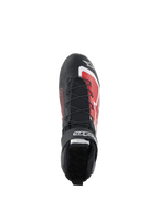 Scarpe Alpinestars Tech-1 Z V3 FIA, scarpe da corsa per auto, nero e rosso, vista dall'alto con sistema di allacciatura rapida, cinturino in velcro con marchio e accenti grafici rossi sulla punta, design elegante in pelle per prestazioni nel motorsport