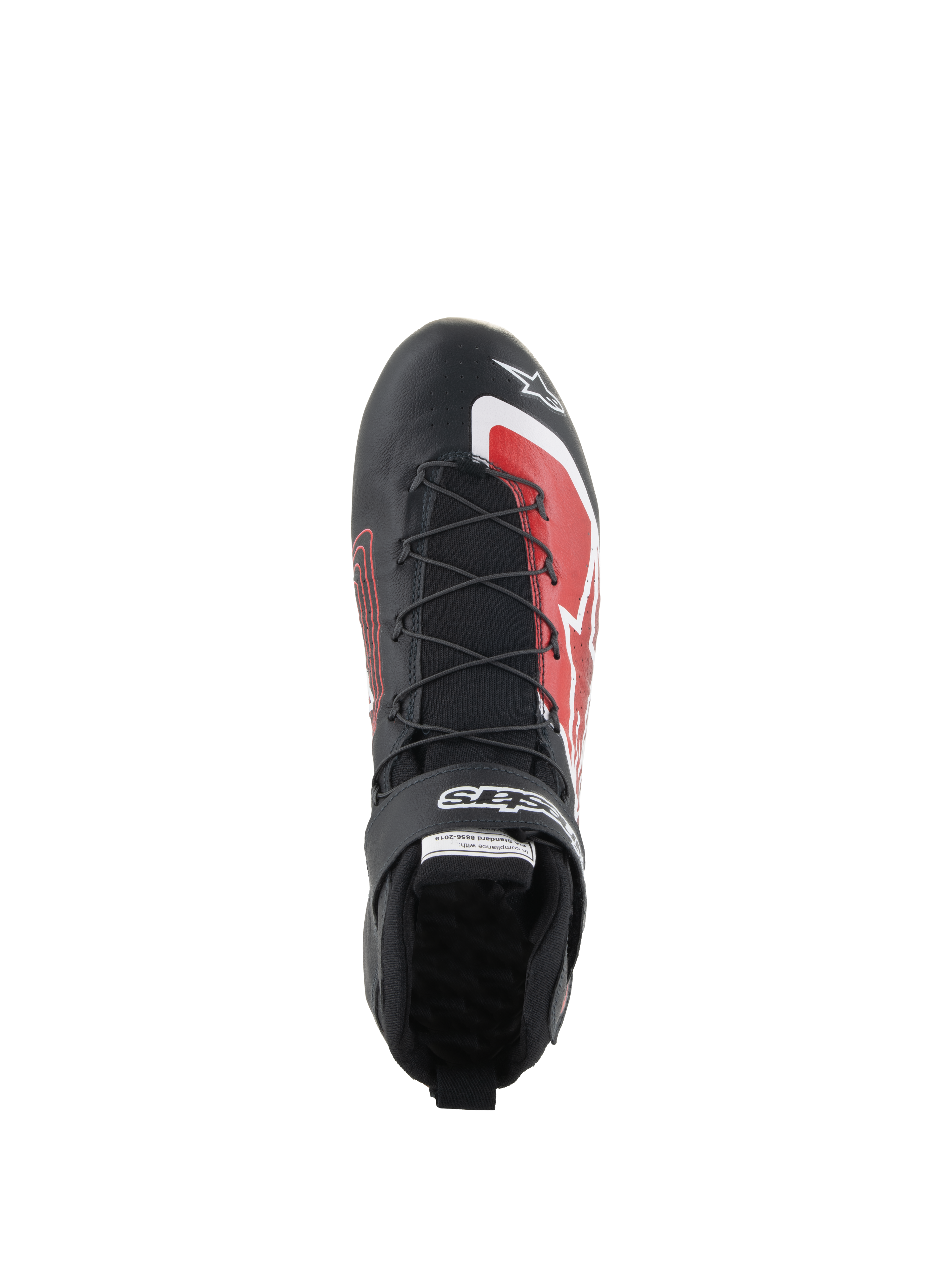 Scarpe Alpinestars Tech-1 Z V3 FIA, scarpe da corsa per auto, nero e rosso, vista dall'alto con sistema di allacciatura rapida, cinturino in velcro con marchio e accenti grafici rossi sulla punta, design elegante in pelle per prestazioni nel motorsport